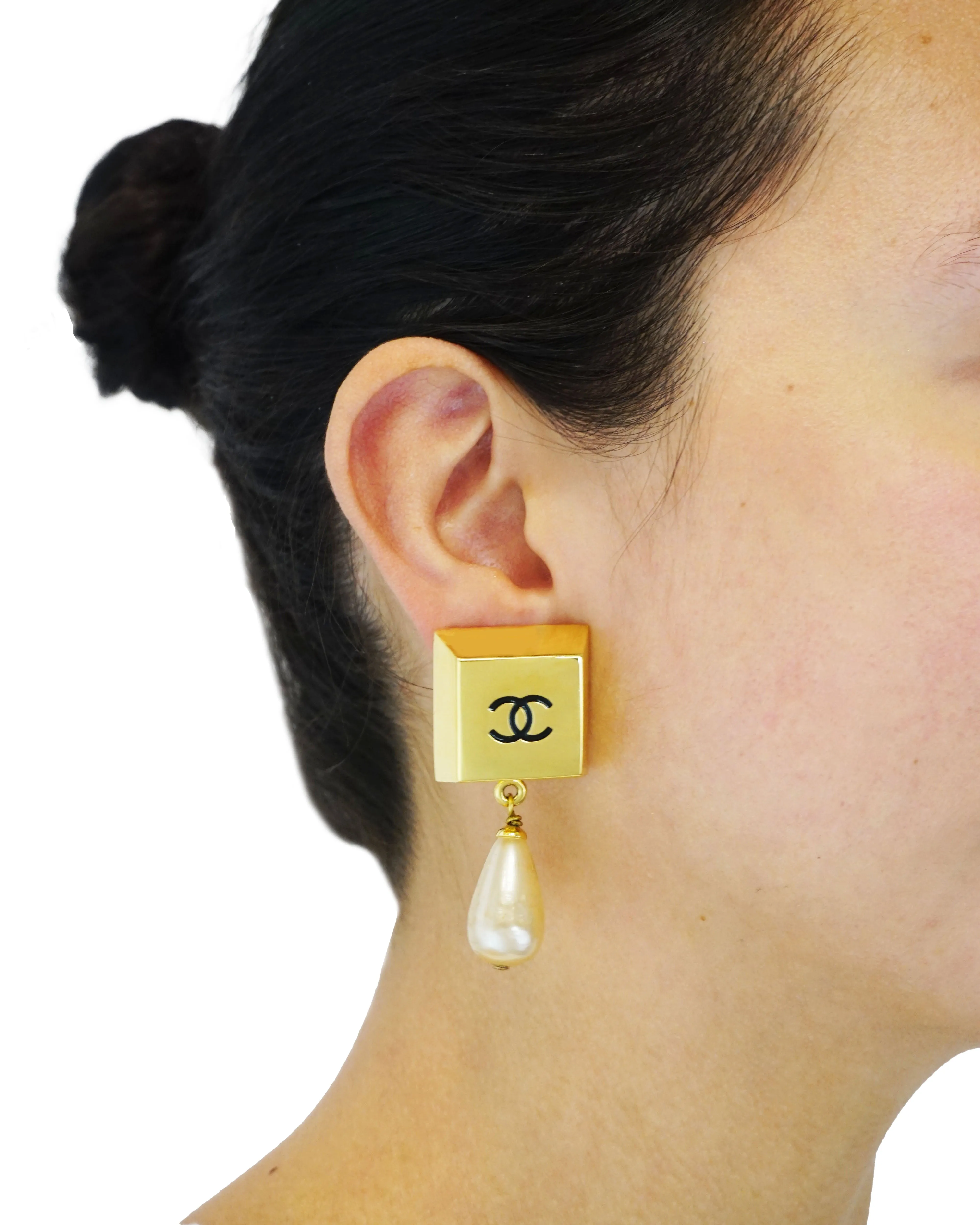 Chanel Vintage Rare Logo Square Block & Pearl Drop Earrings