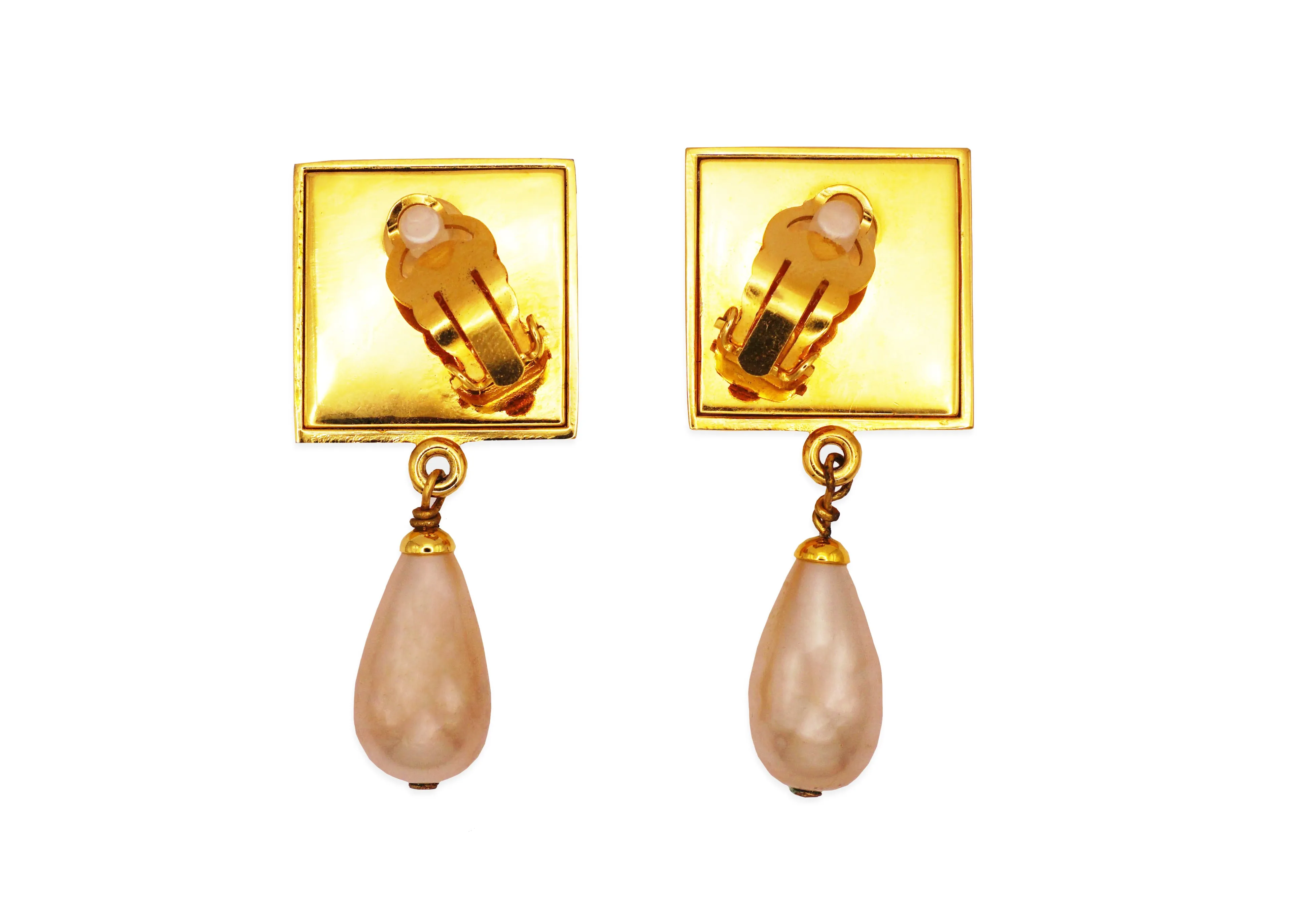 Chanel Vintage Rare Logo Square Block & Pearl Drop Earrings