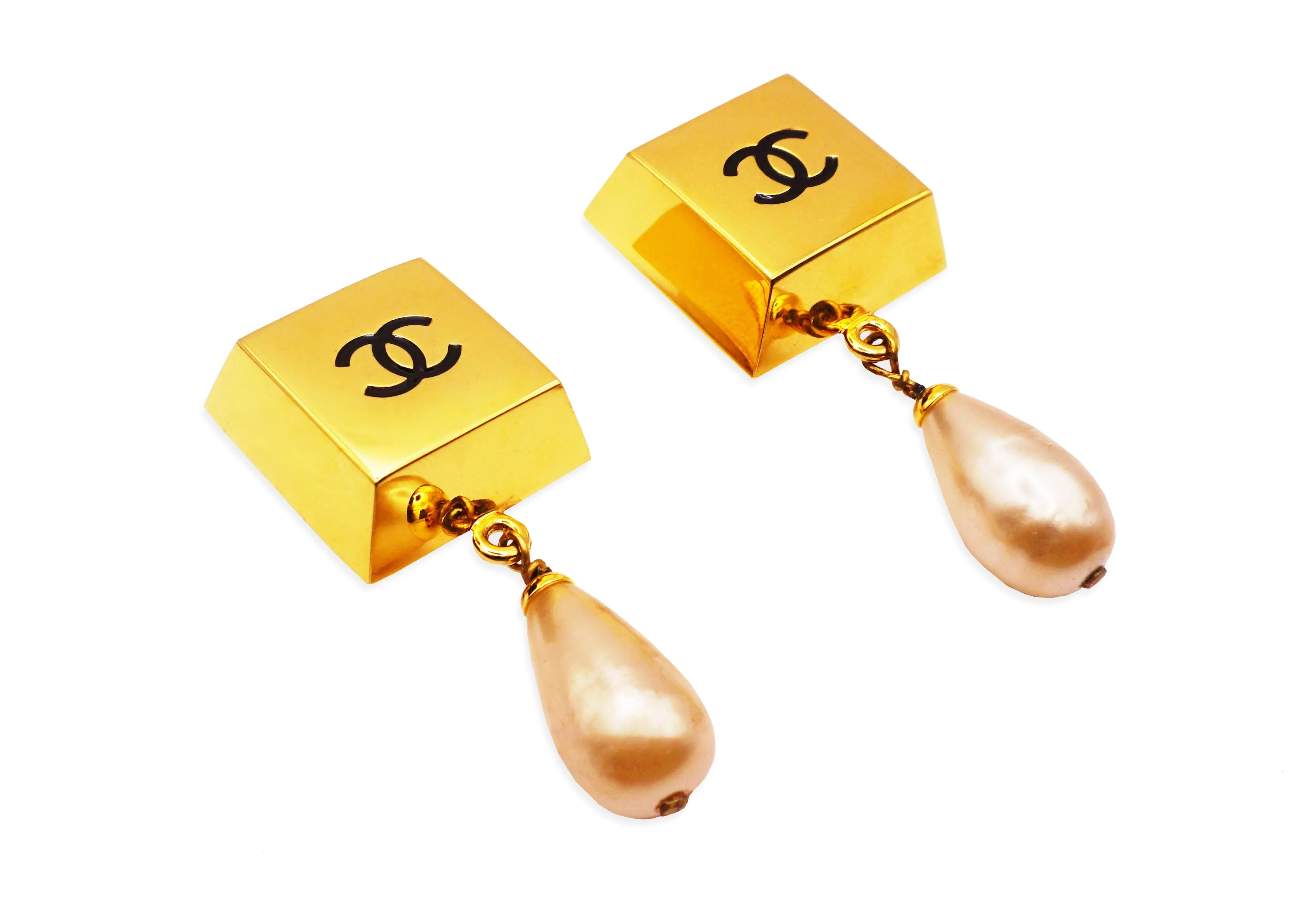 Chanel Vintage Rare Logo Square Block & Pearl Drop Earrings