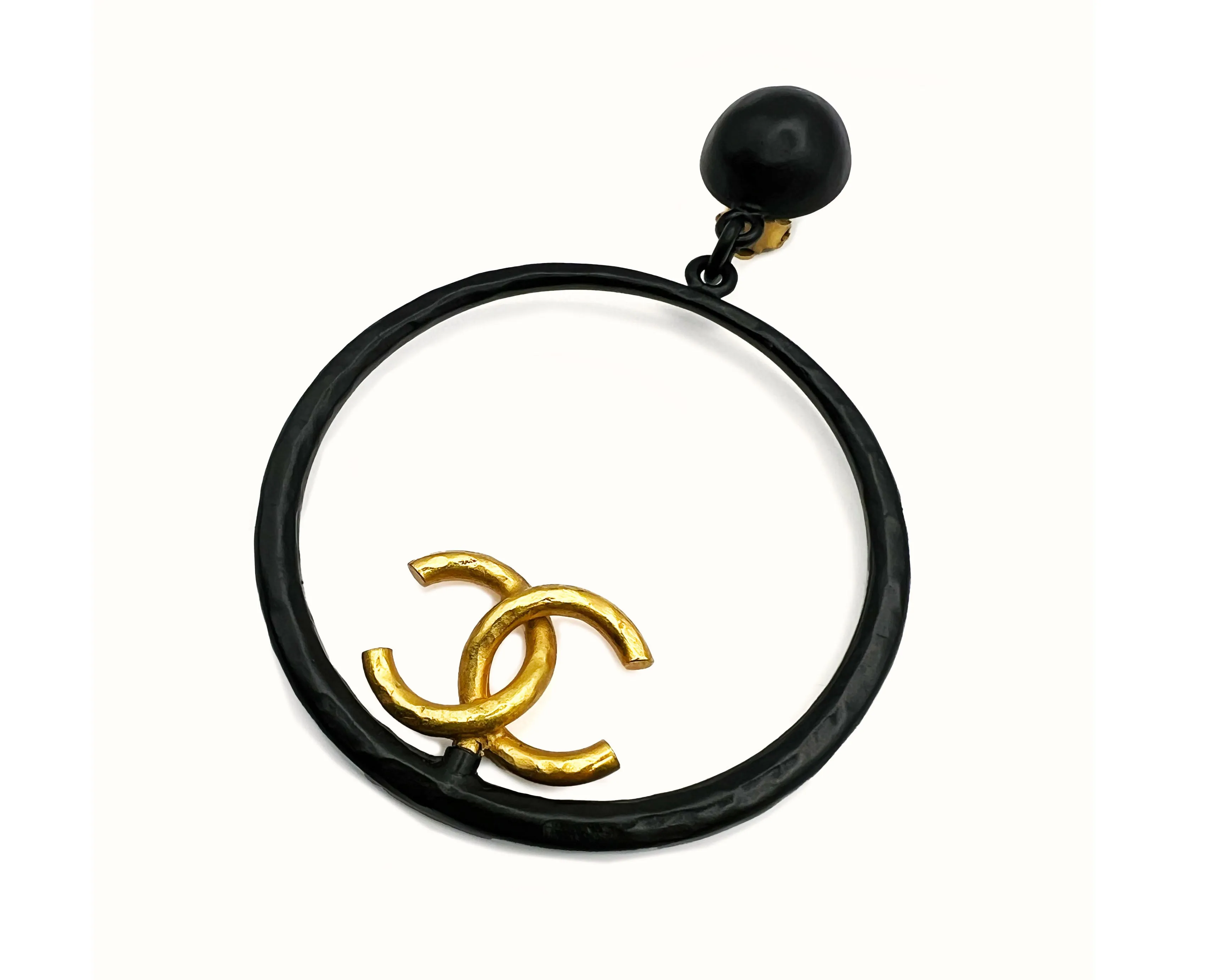 Chanel Vintage Rare XL Black &amp; Gold Logo Hoop Earrings