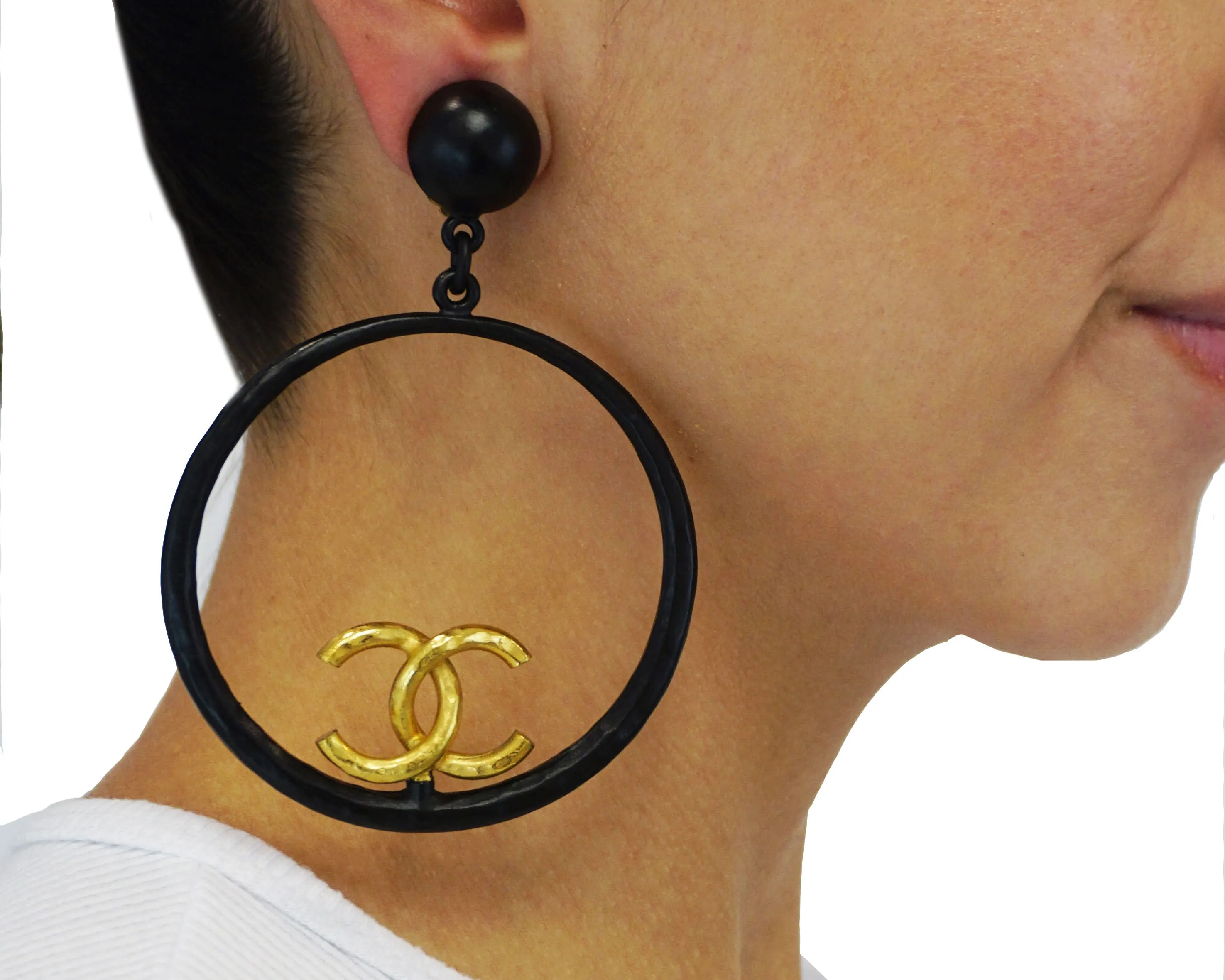 Chanel Vintage Rare XL Black &amp; Gold Logo Hoop Earrings