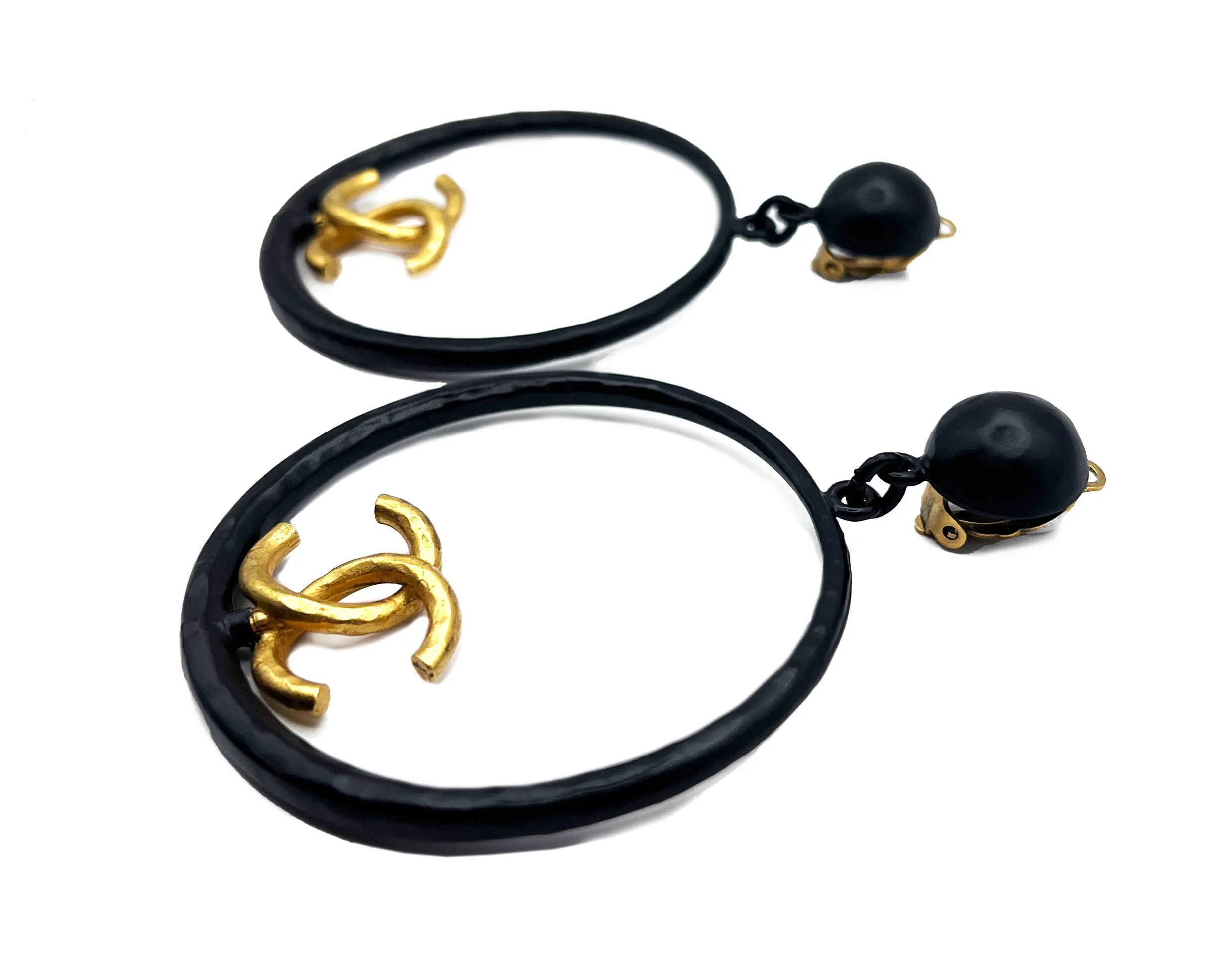 Chanel Vintage Rare XL Black &amp; Gold Logo Hoop Earrings