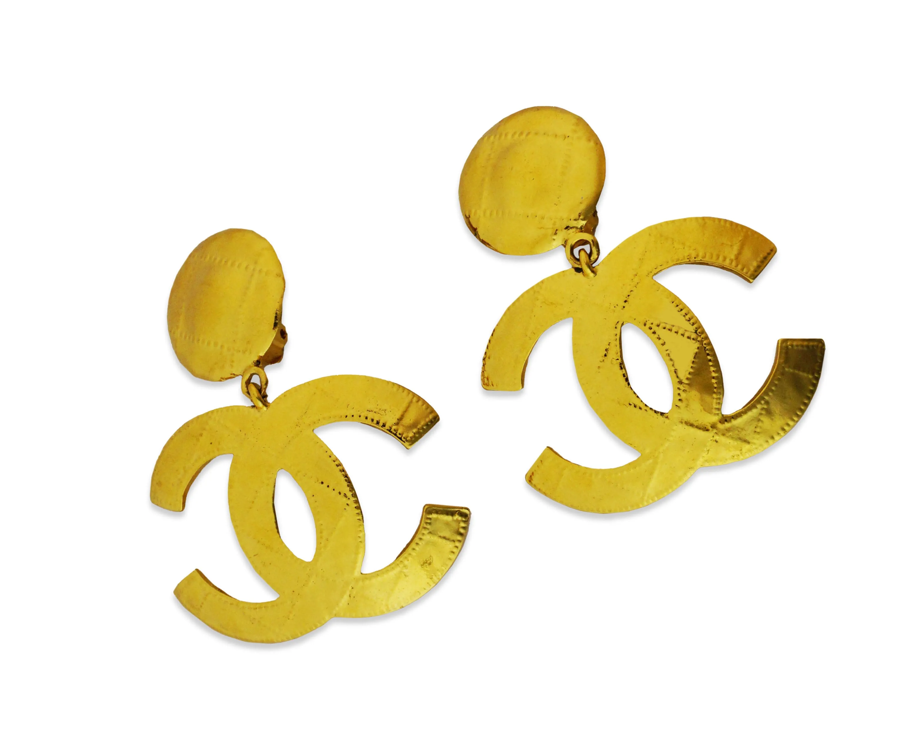 Chanel Vintage Rare XL Quilted Logo Hammered Earrings