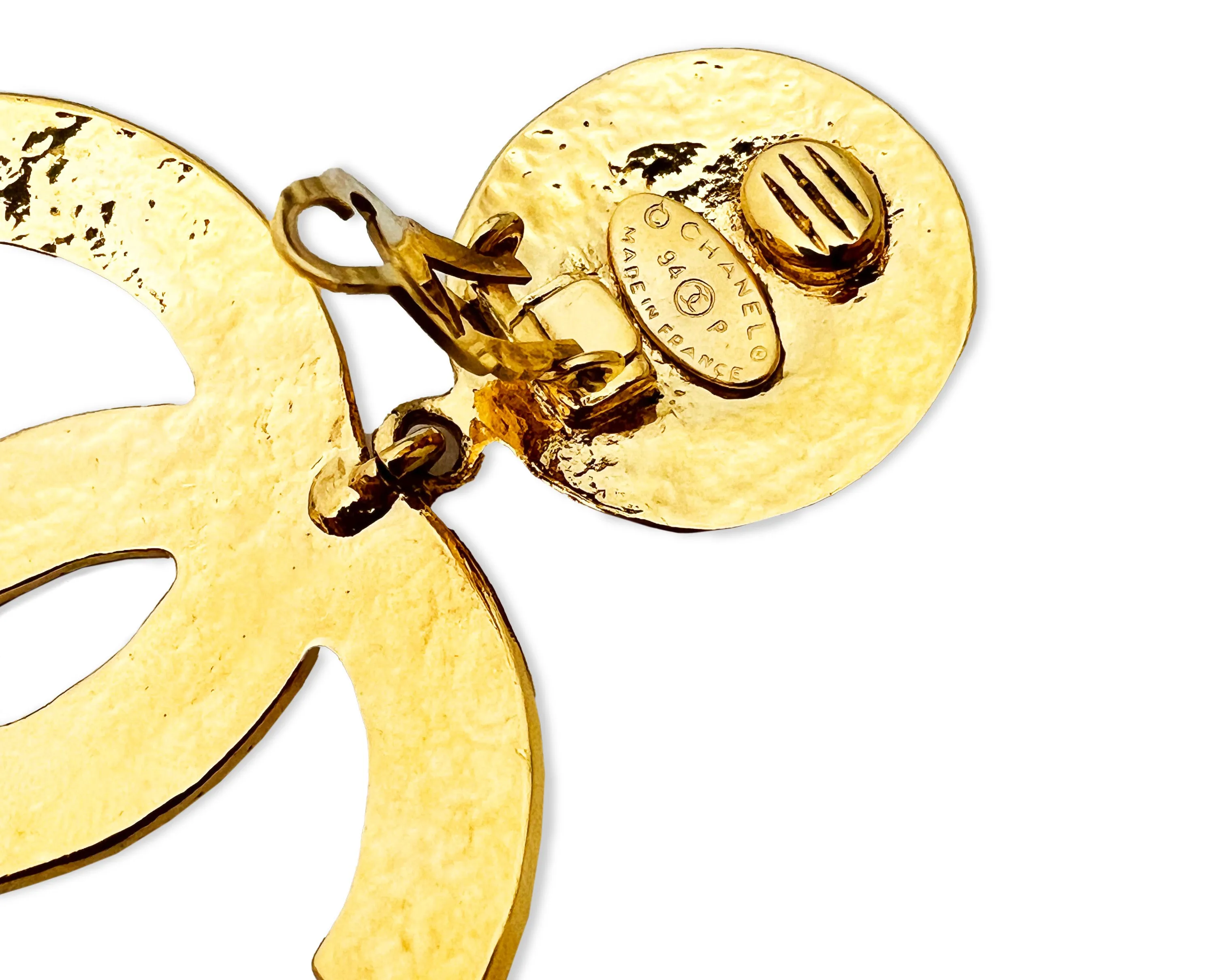 Chanel Vintage Rare XL Quilted Logo Hammered Earrings