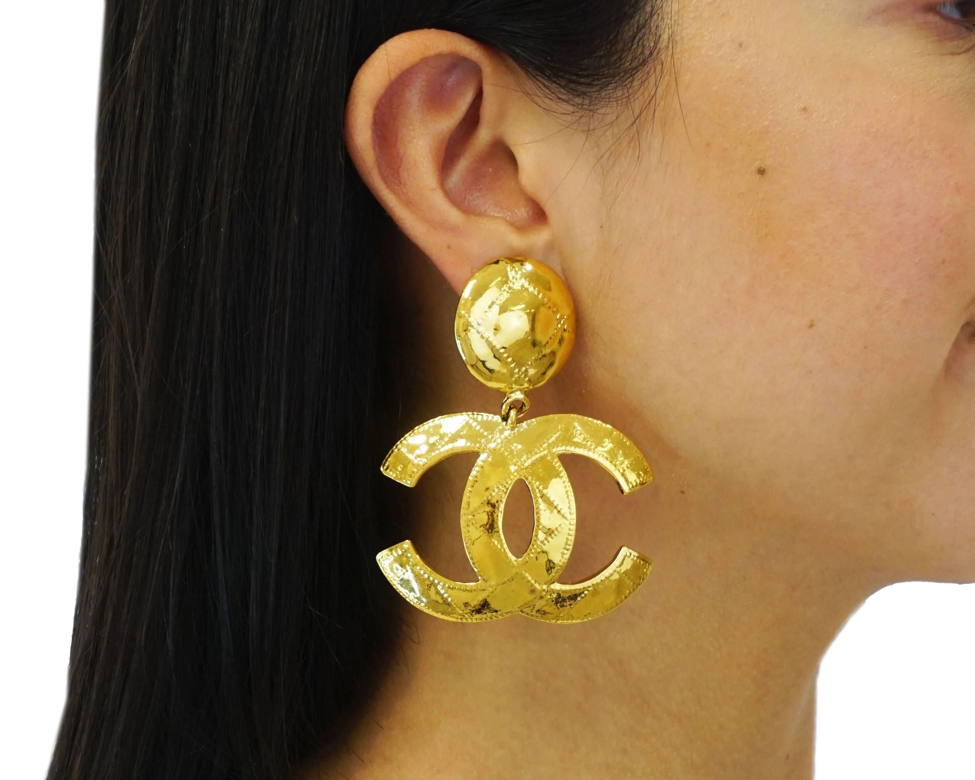 Chanel Vintage Rare XL Quilted Logo Hammered Earrings