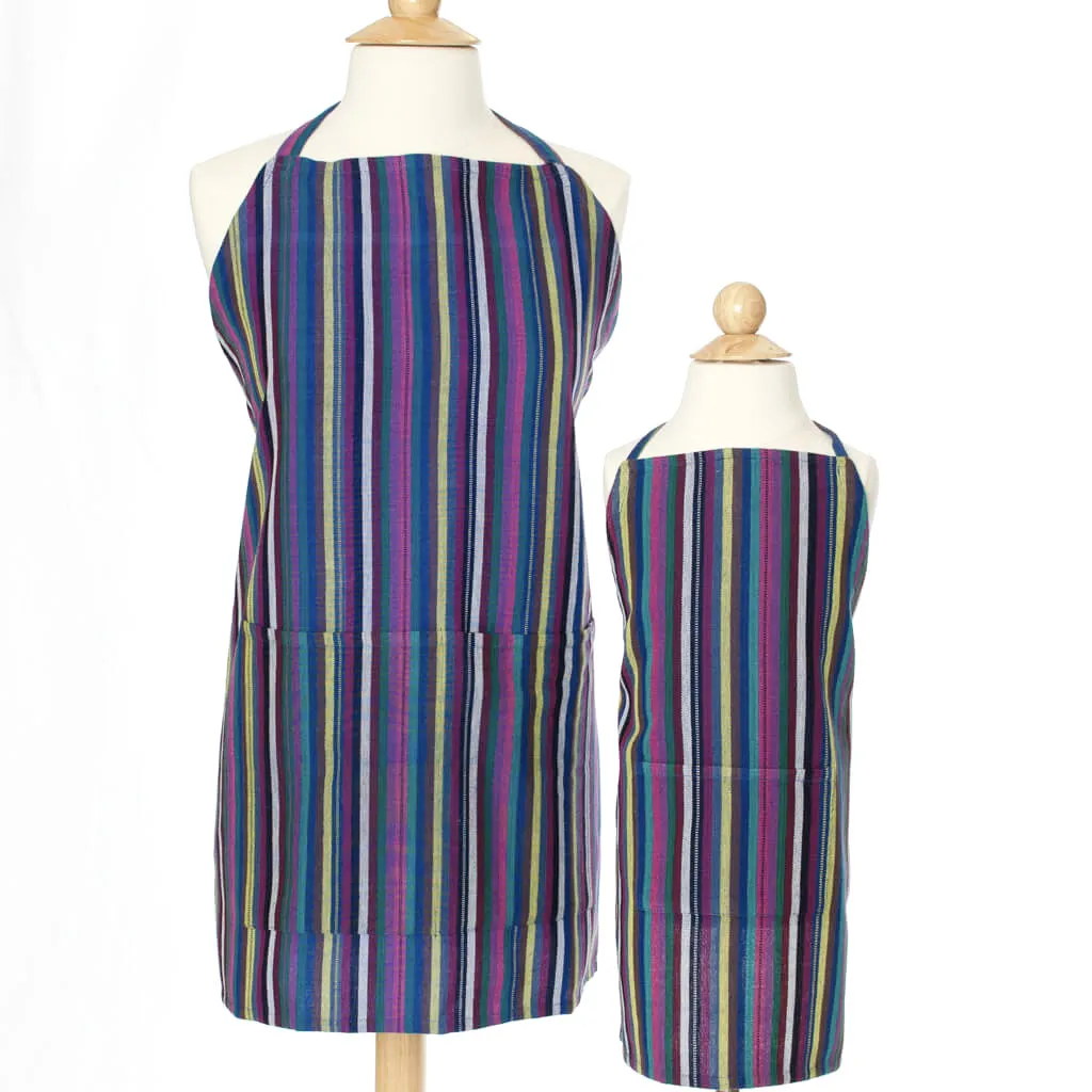 Child & Adult Matching Hand Woven Bib Aprons | Cobalt Blue Stripes