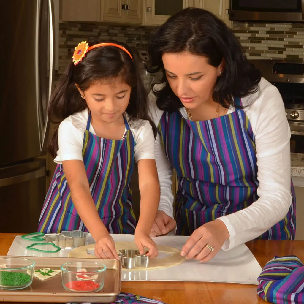 Child & Adult Matching Hand Woven Bib Aprons | Cobalt Blue Stripes