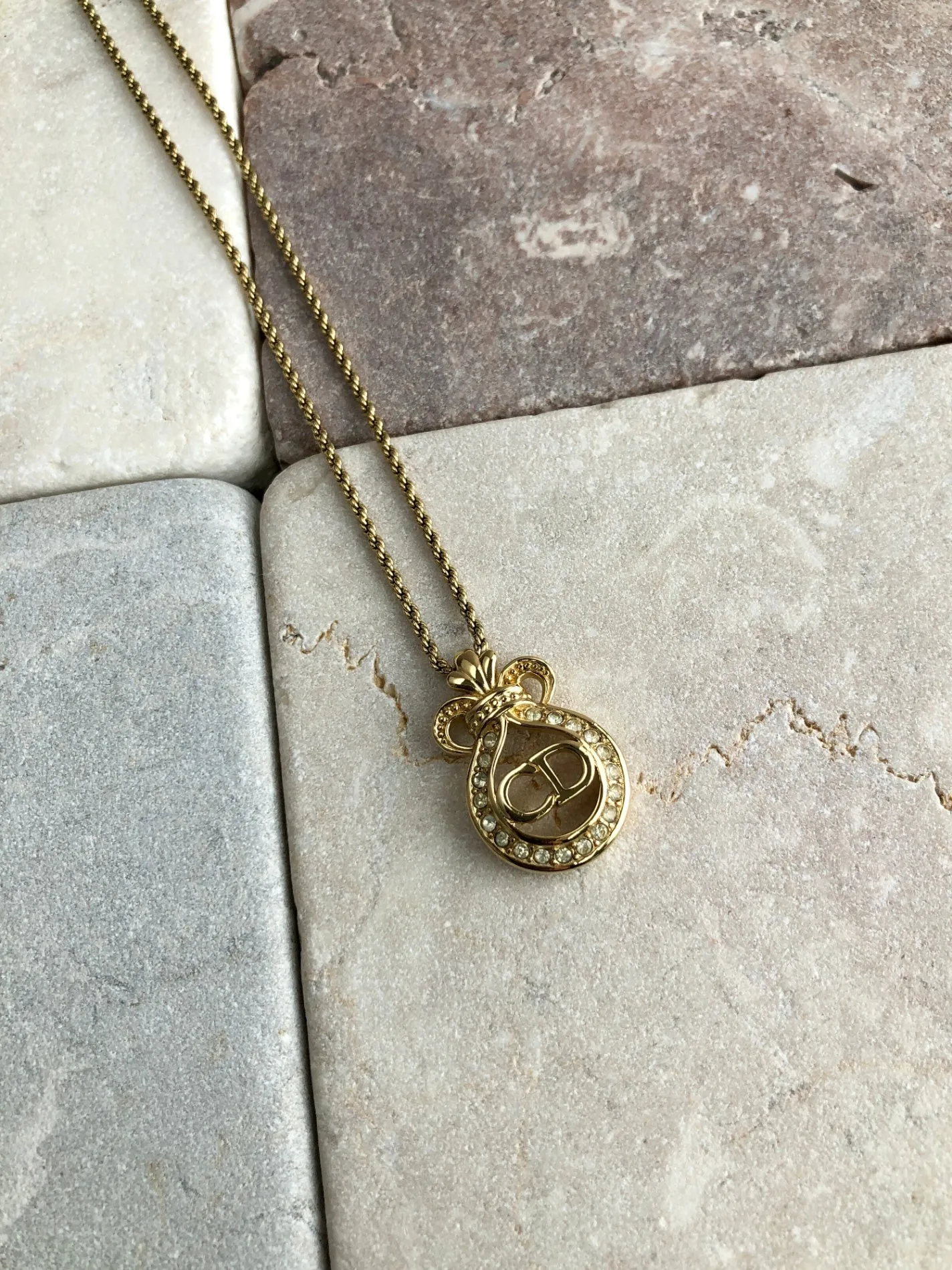 Christian Dior CD Logo Rhinestone Necklace Gold Vintage gfuupy