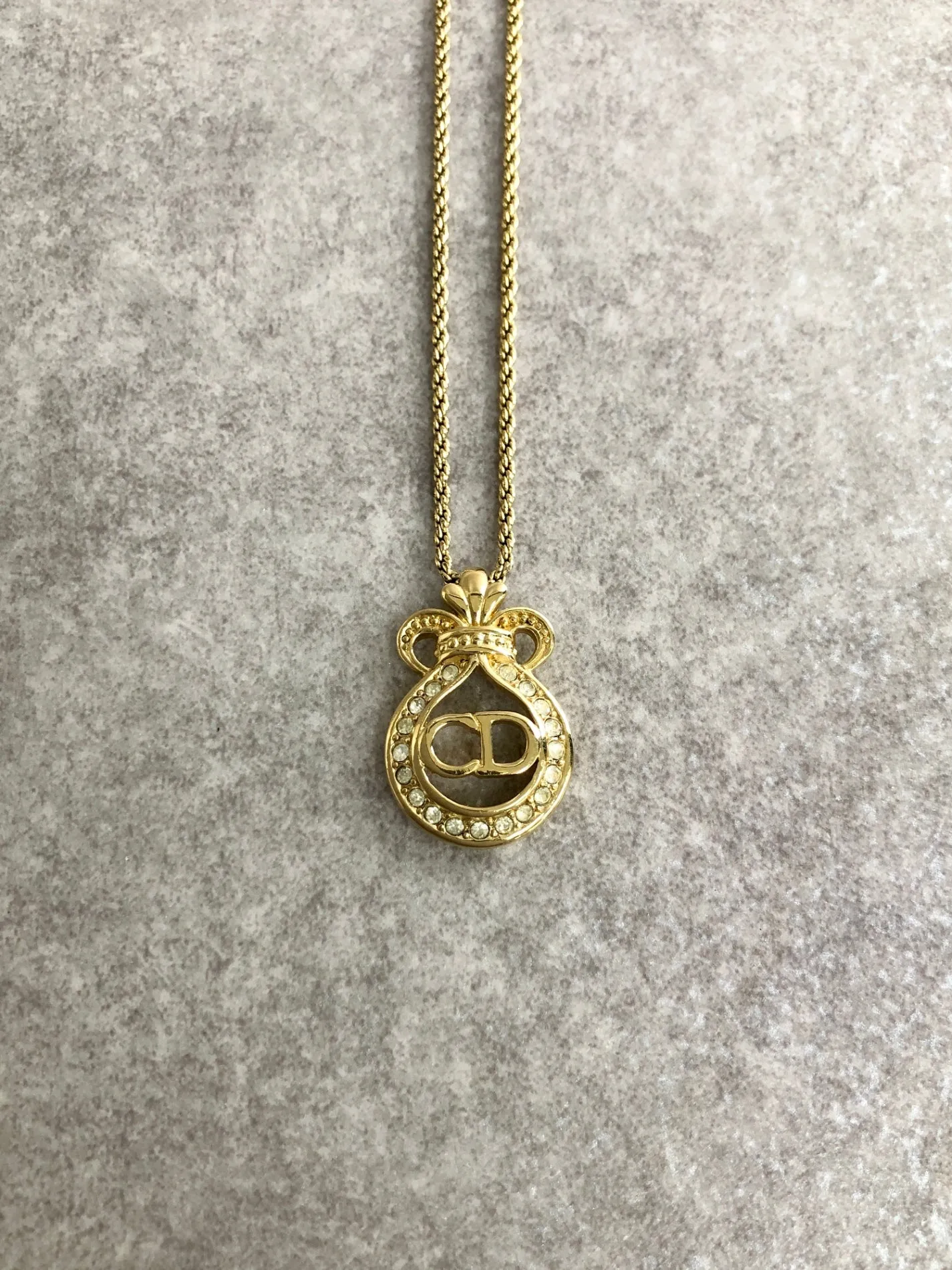 Christian Dior CD Logo Rhinestone Necklace Gold Vintage gfuupy