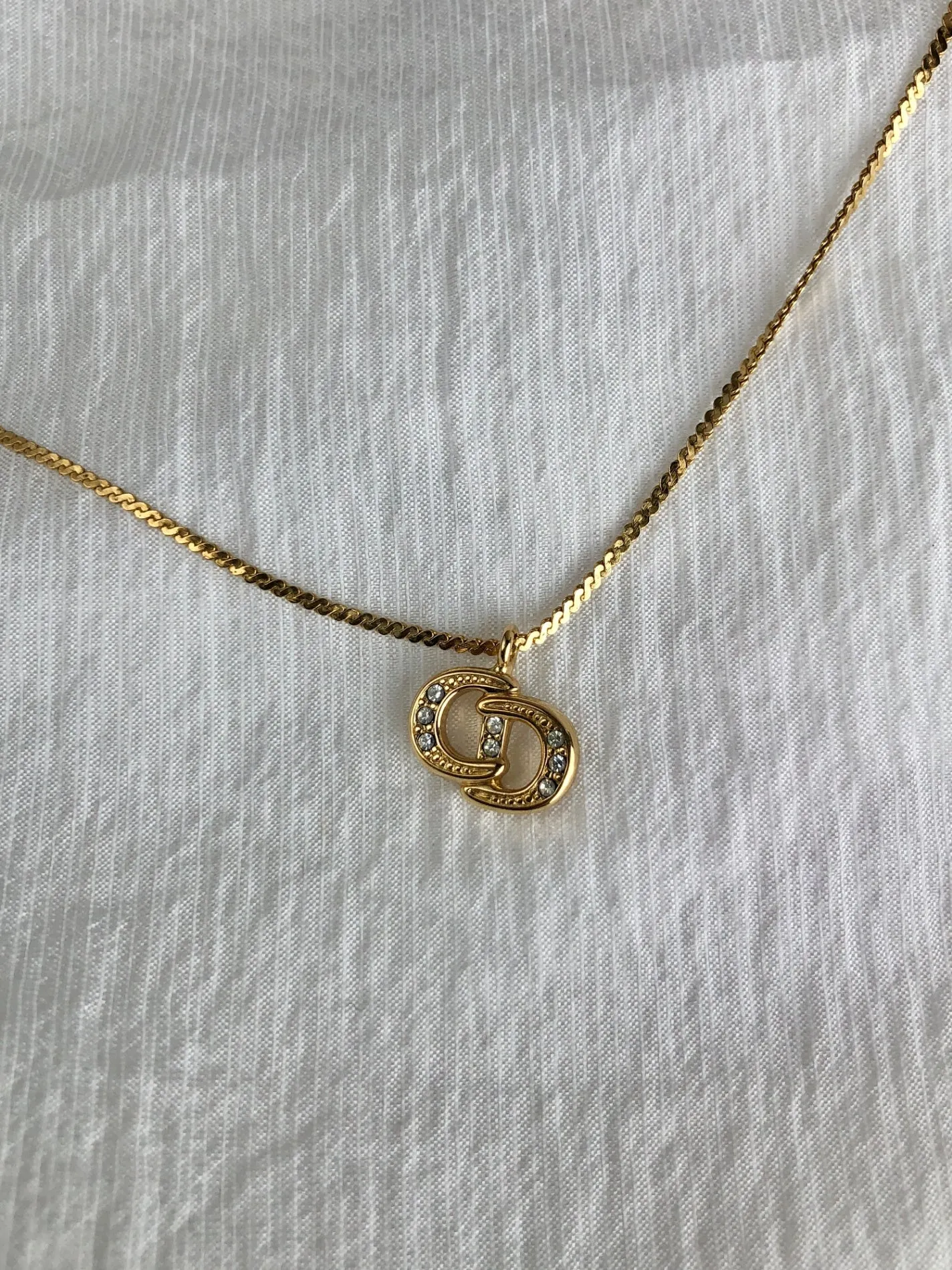 Christian Dior CD Logo Rhinestone Necklace Gold Vintage i24ttx