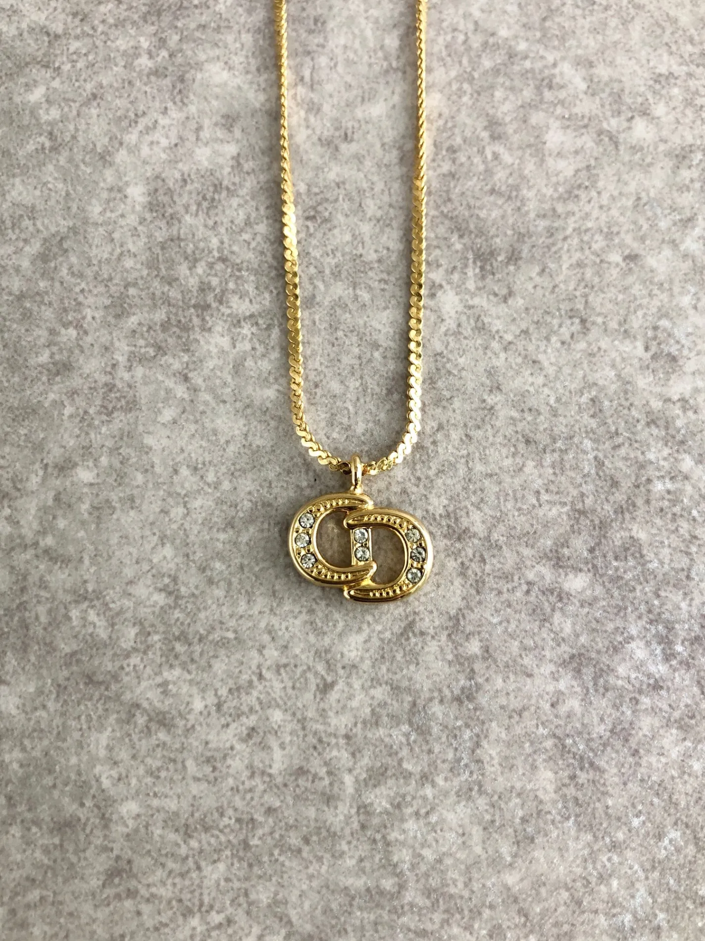 Christian Dior CD Logo Rhinestone Necklace Gold Vintage i24ttx