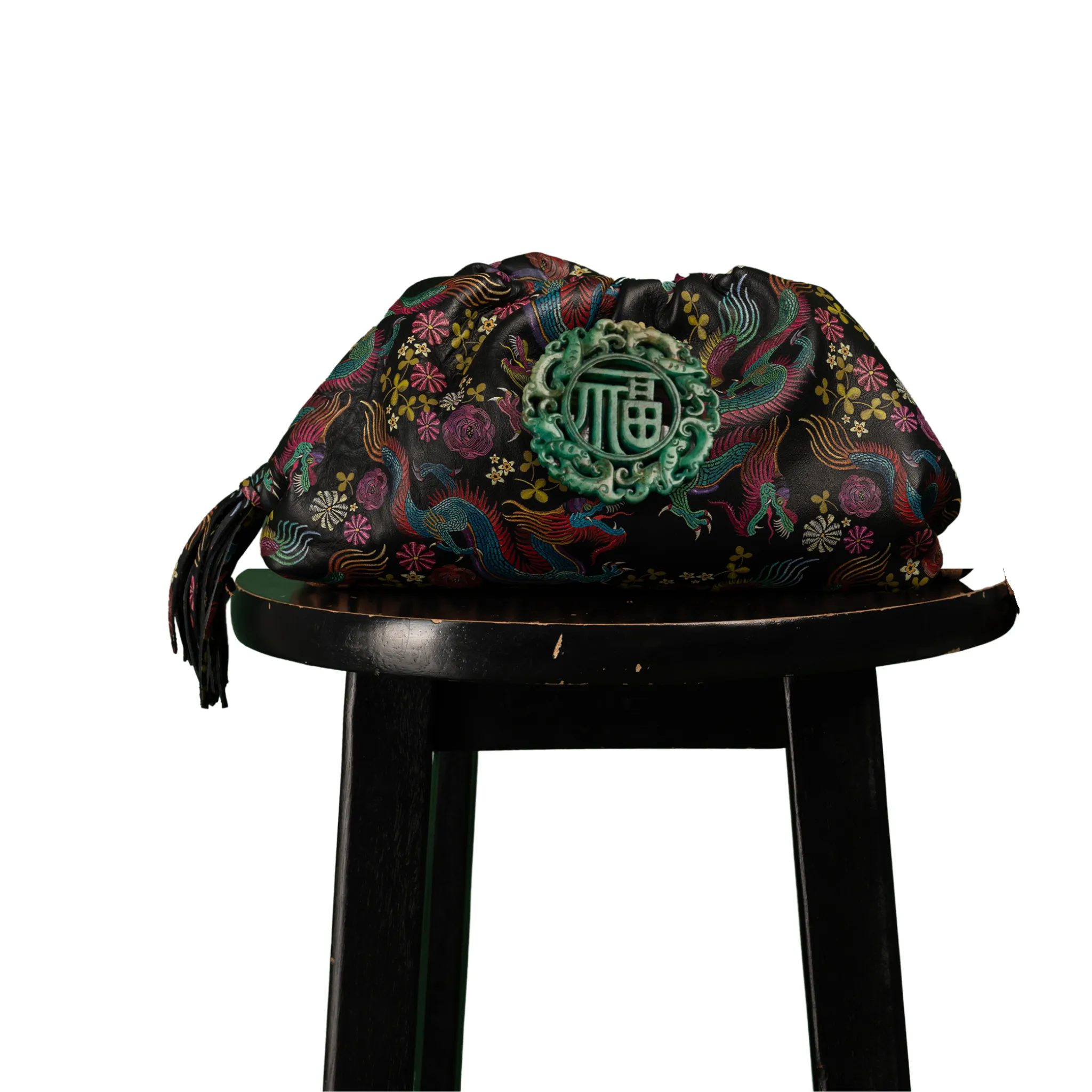 DESTI SAINT | Nzuri Patty Pouch | Dragon Print Leather w Green Jade Stone Ingot