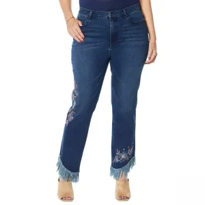 DG2 by Diane Gilman Women's Plus Size Embellished Fringe Hem Cropped Jeans