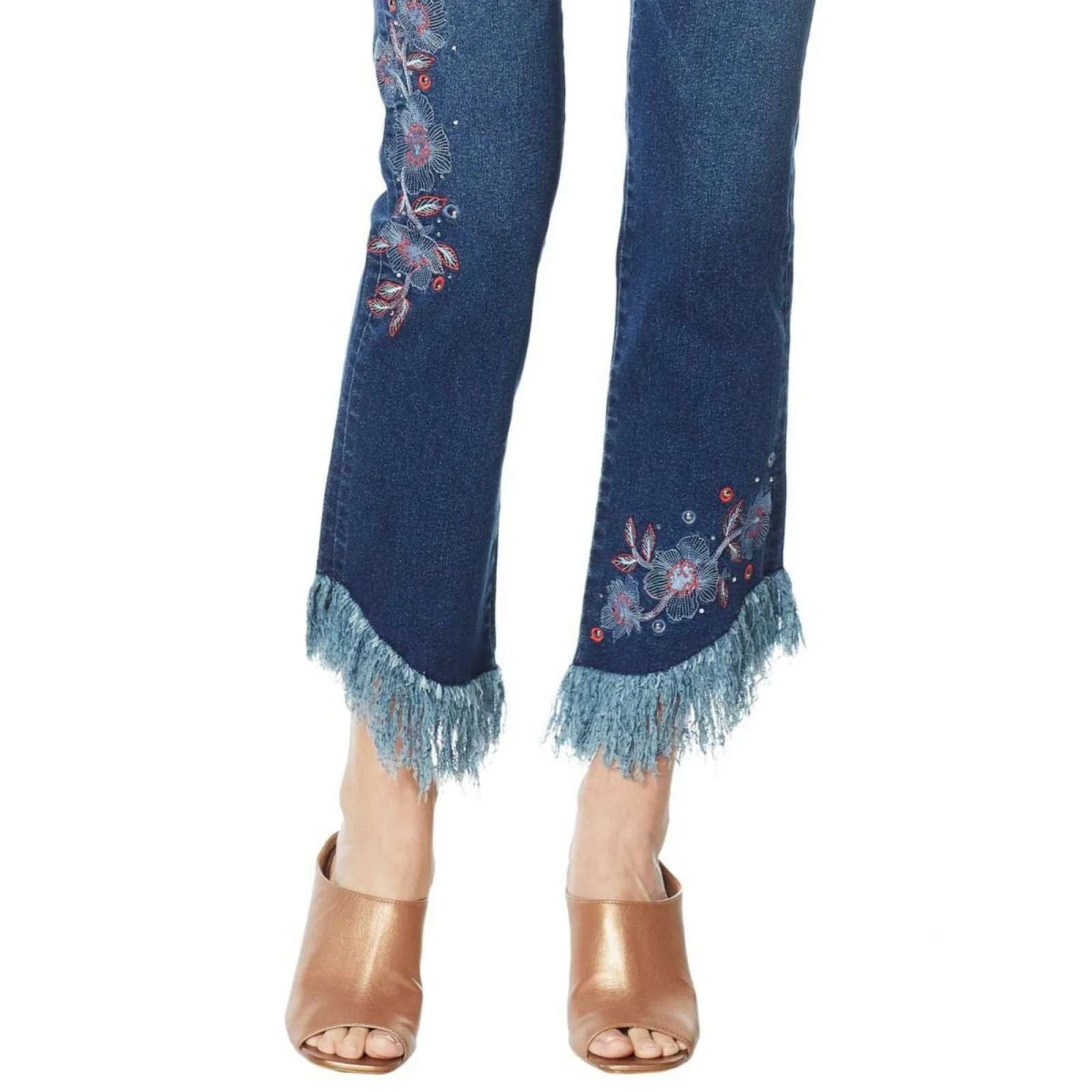 DG2 by Diane Gilman Women's Plus Size Embellished Fringe Hem Cropped Jeans