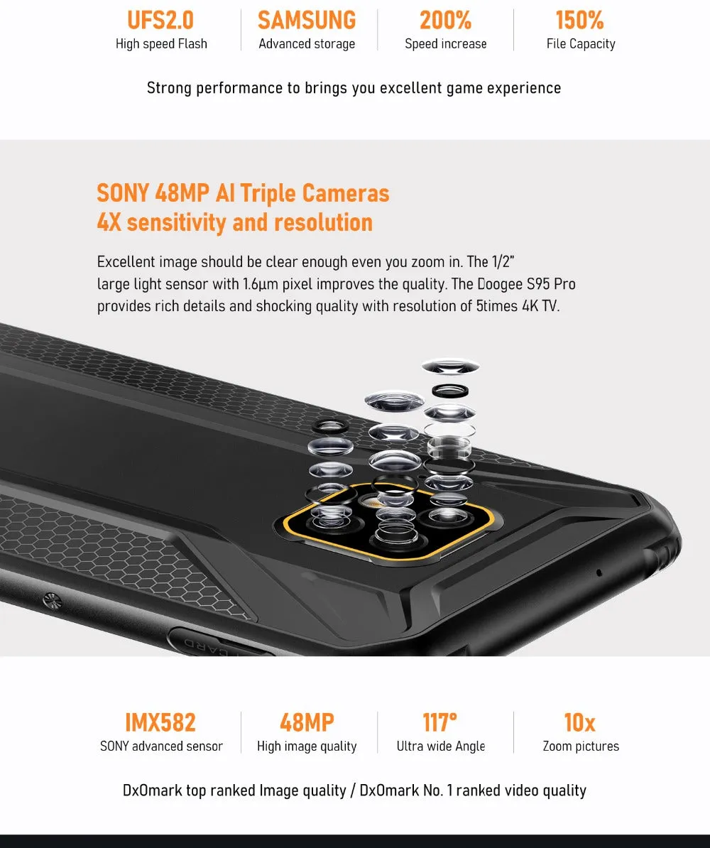 DOOGEE S95 Pro Mobile Phone IP68/IP69K Waterproof 6.3inch Smartphone 5150mAh Helio P90 CPU 8GB RAM 128GB ROM 48MP 16MP 8MP Camera Android 9.0 Pie System Black_Non-European version