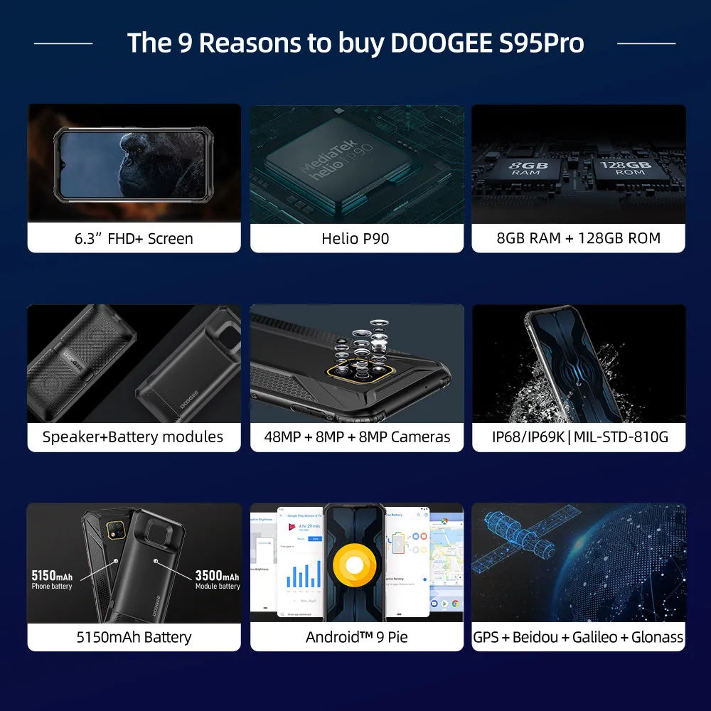 DOOGEE S95 Pro Mobile Phone IP68/IP69K Waterproof 6.3inch Smartphone 5150mAh Helio P90 CPU 8GB RAM 128GB ROM 48MP 16MP 8MP Camera Android 9.0 Pie System Black_Non-European version