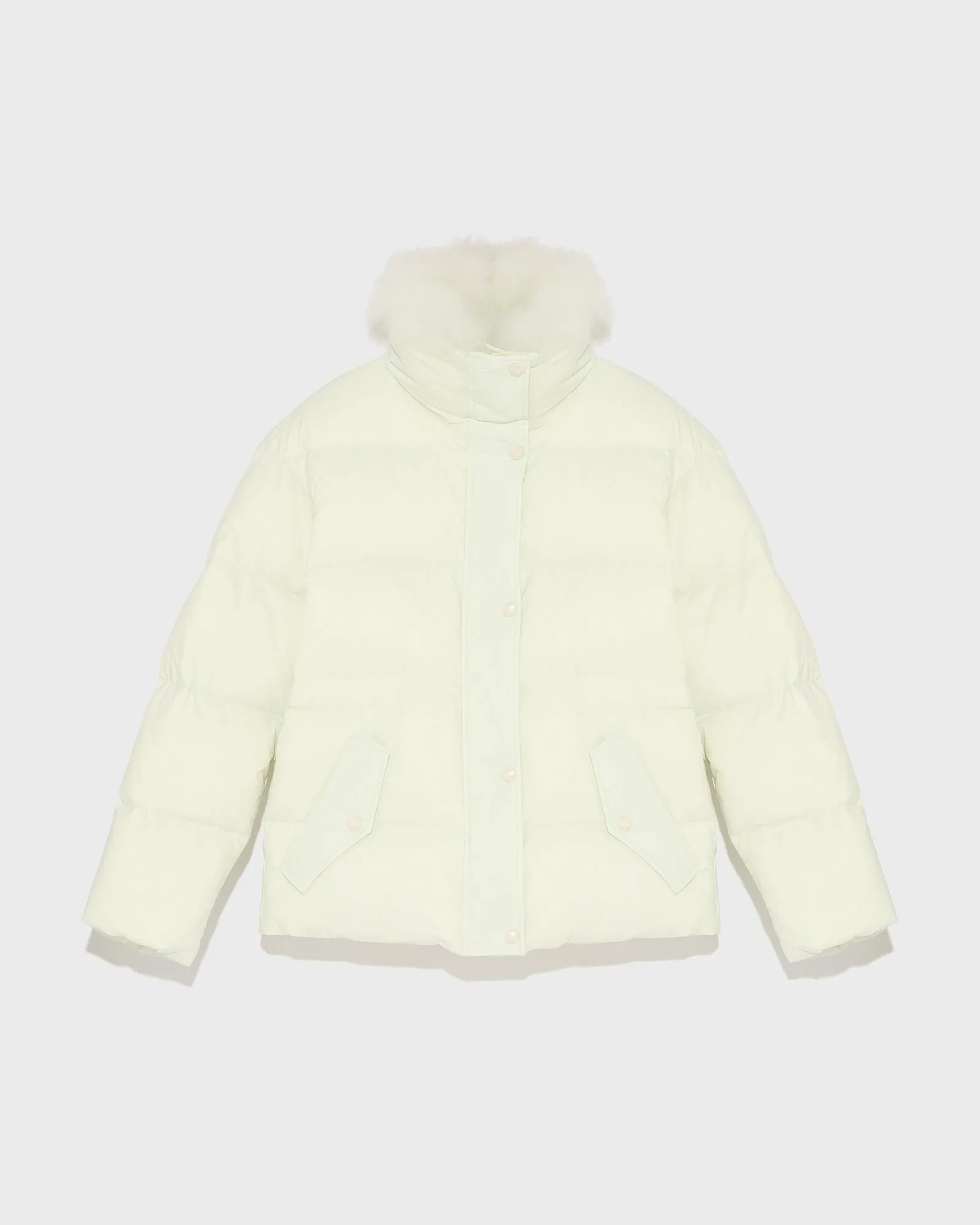 Down jacket with fluffy lambswool trim