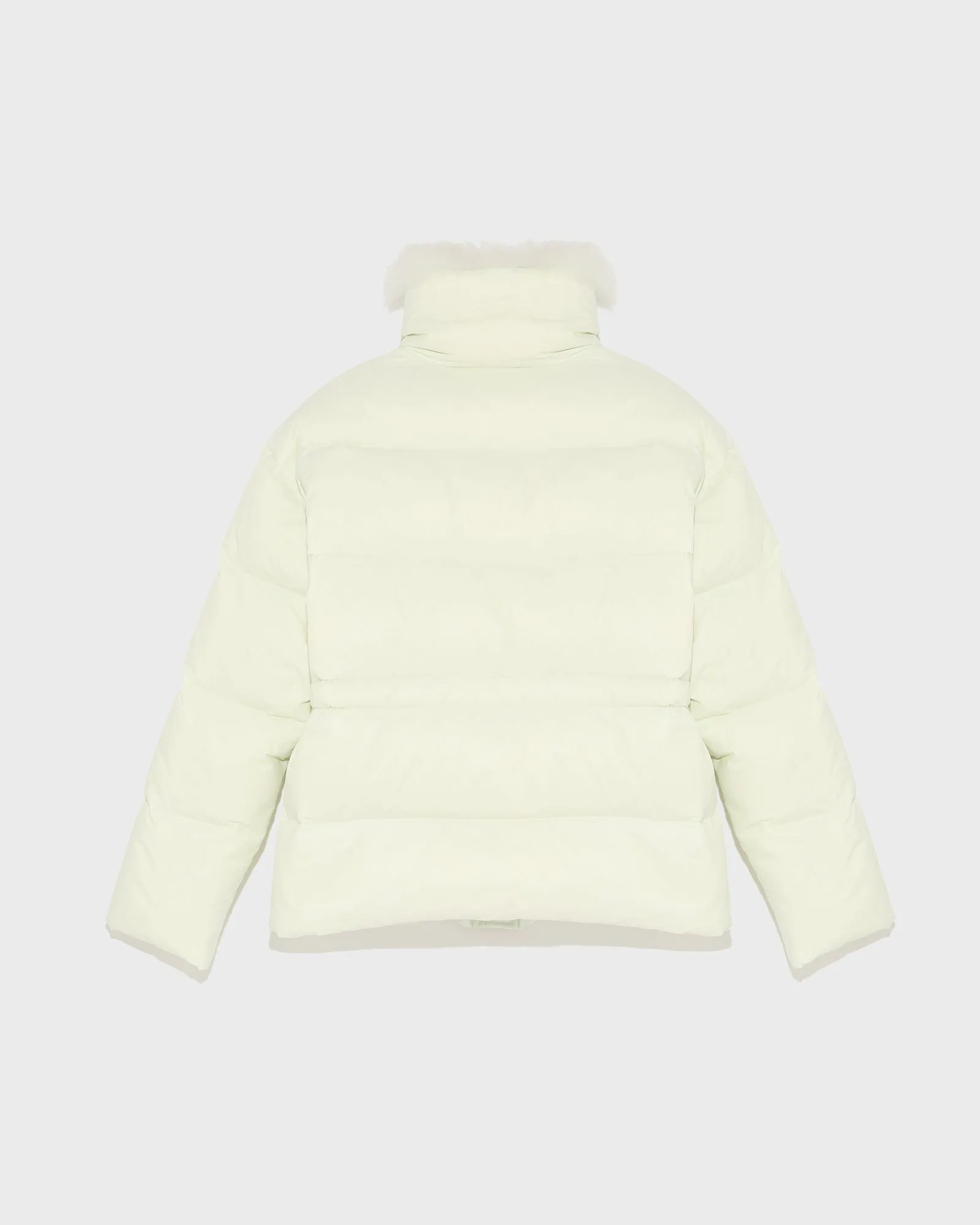 Down jacket with fluffy lambswool trim