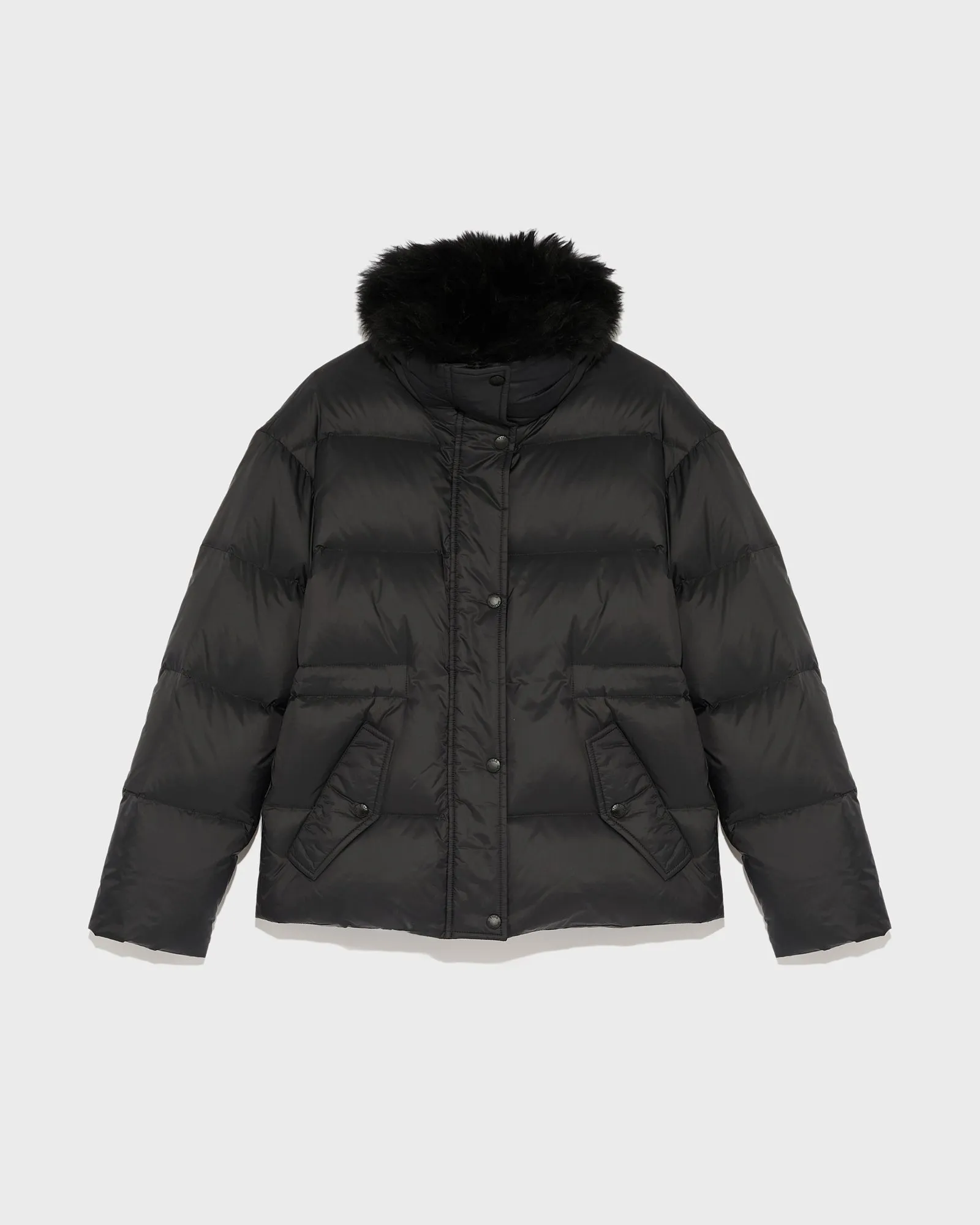 Down jacket with fluffy lambswool trim
