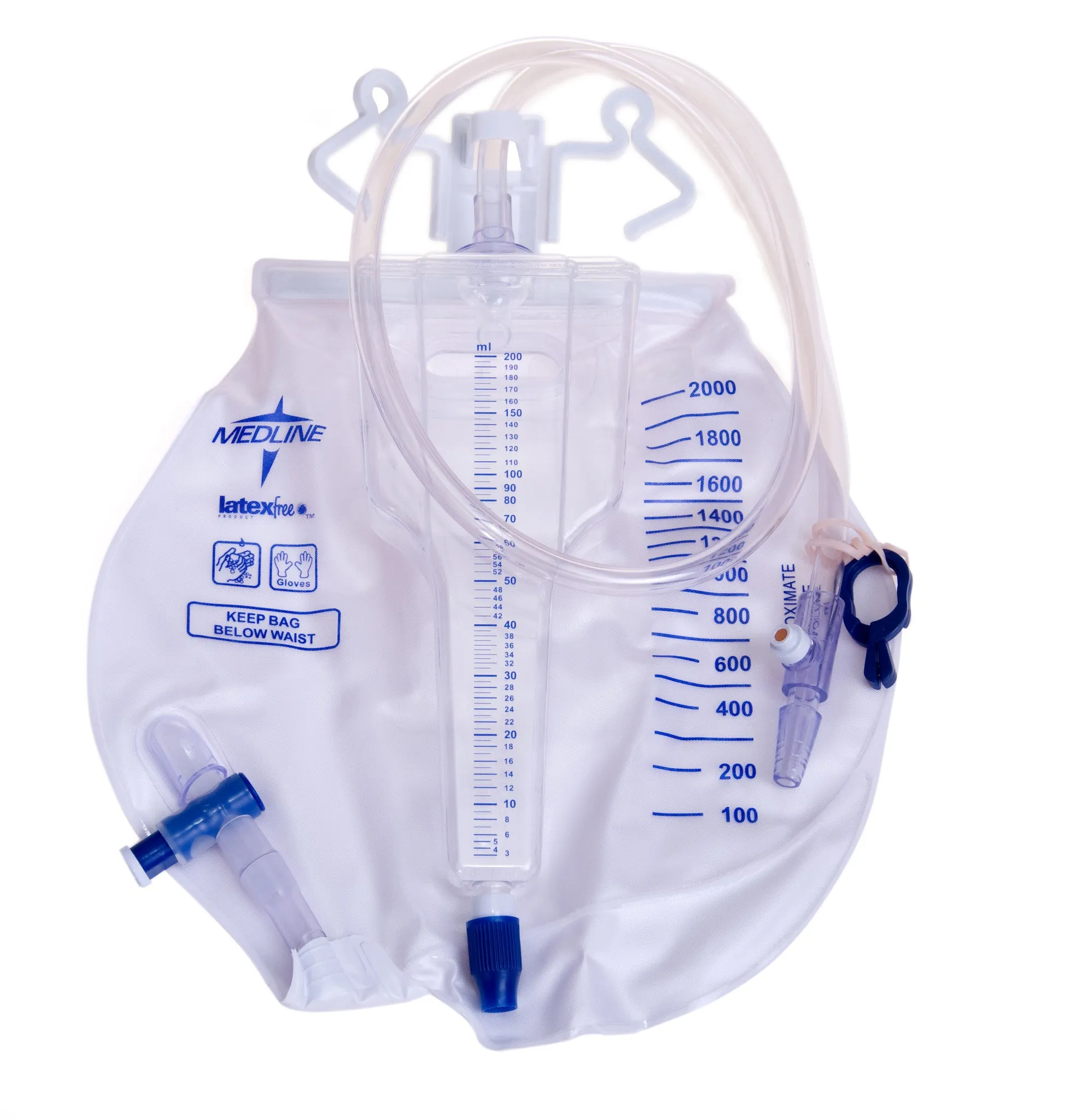 EA/1  URINE METER DRAINAGE BAGS, 200ML, METAL CLAMP, SLIDE TAP, LATEX-FREE
