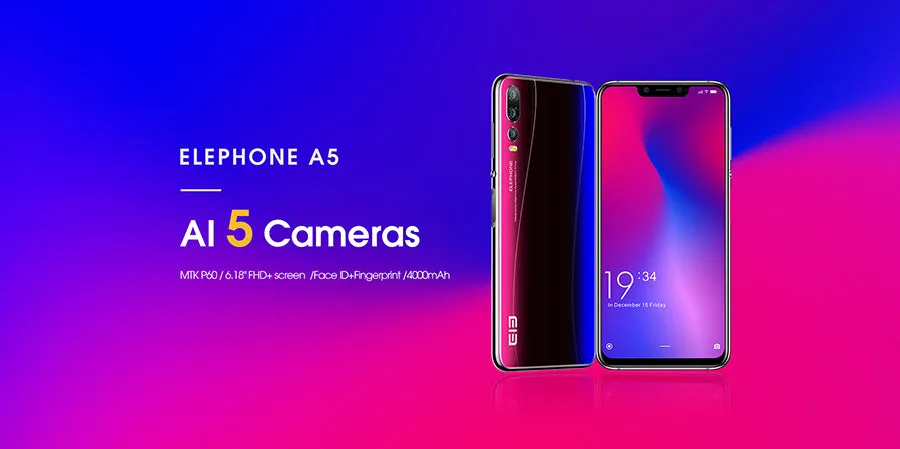Elephone A5 6.18"" 18.7:9 Android 8.1 P60 MT6771 Quad Core 4GB RAM 64GB ROM 12MP   20MP Face Unlock Fingerprint 4G OTG Mobile Phone(EU Standard) 6.18_Neon blue