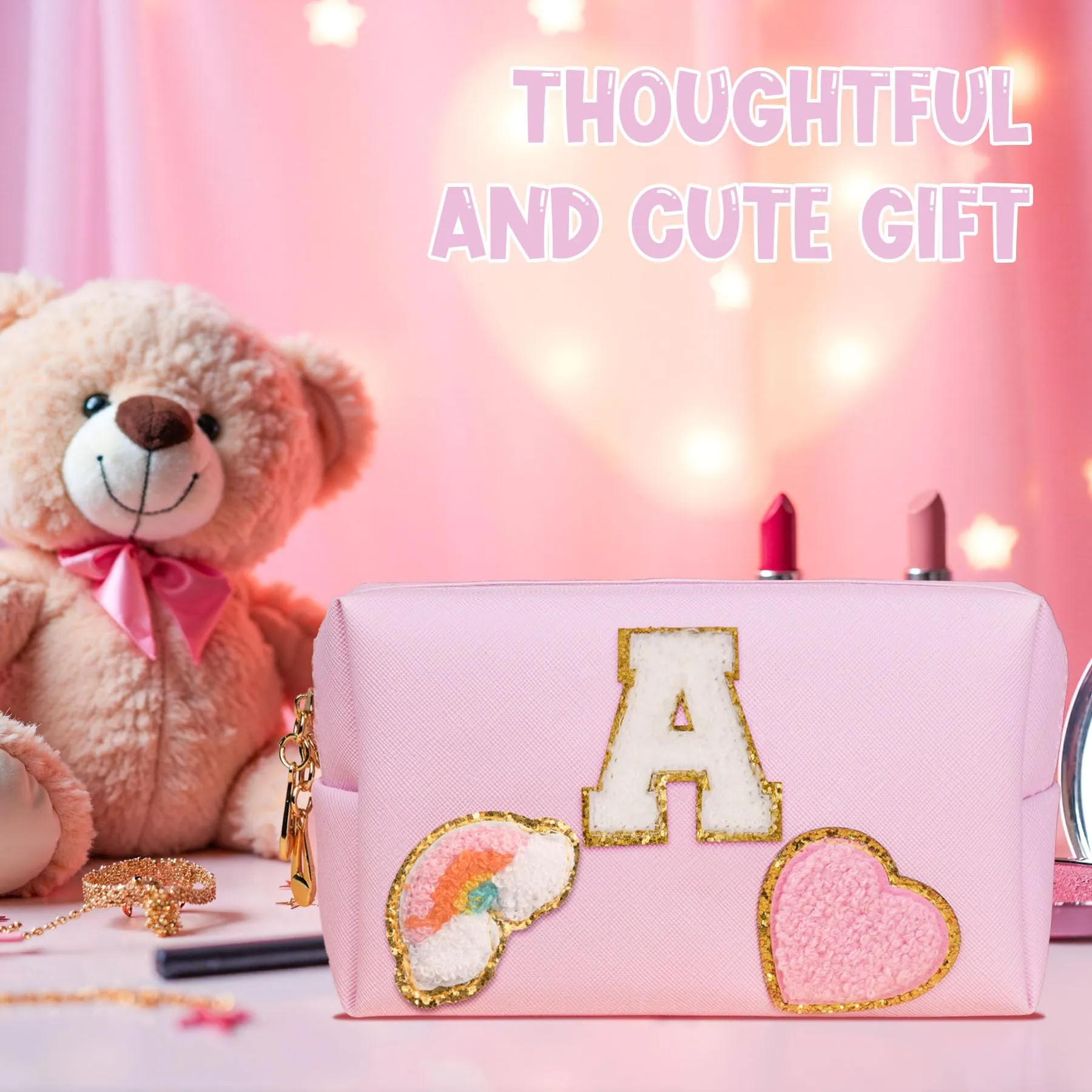 Elilier Birthday Gifts for Girls, Travel Makeup Bag Chenille Letter Pouch Cosmetic Bag, Makeup Travel Organizer, Monogrammed Bridesmaid Gifts for Women, Cute Stuff For Girls (Medium)