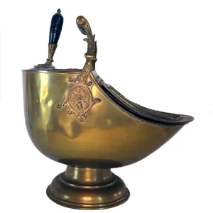 English Benham & Froud Brass, Ebonized Wood, Tin Lined Coal Scuttle and Shovel