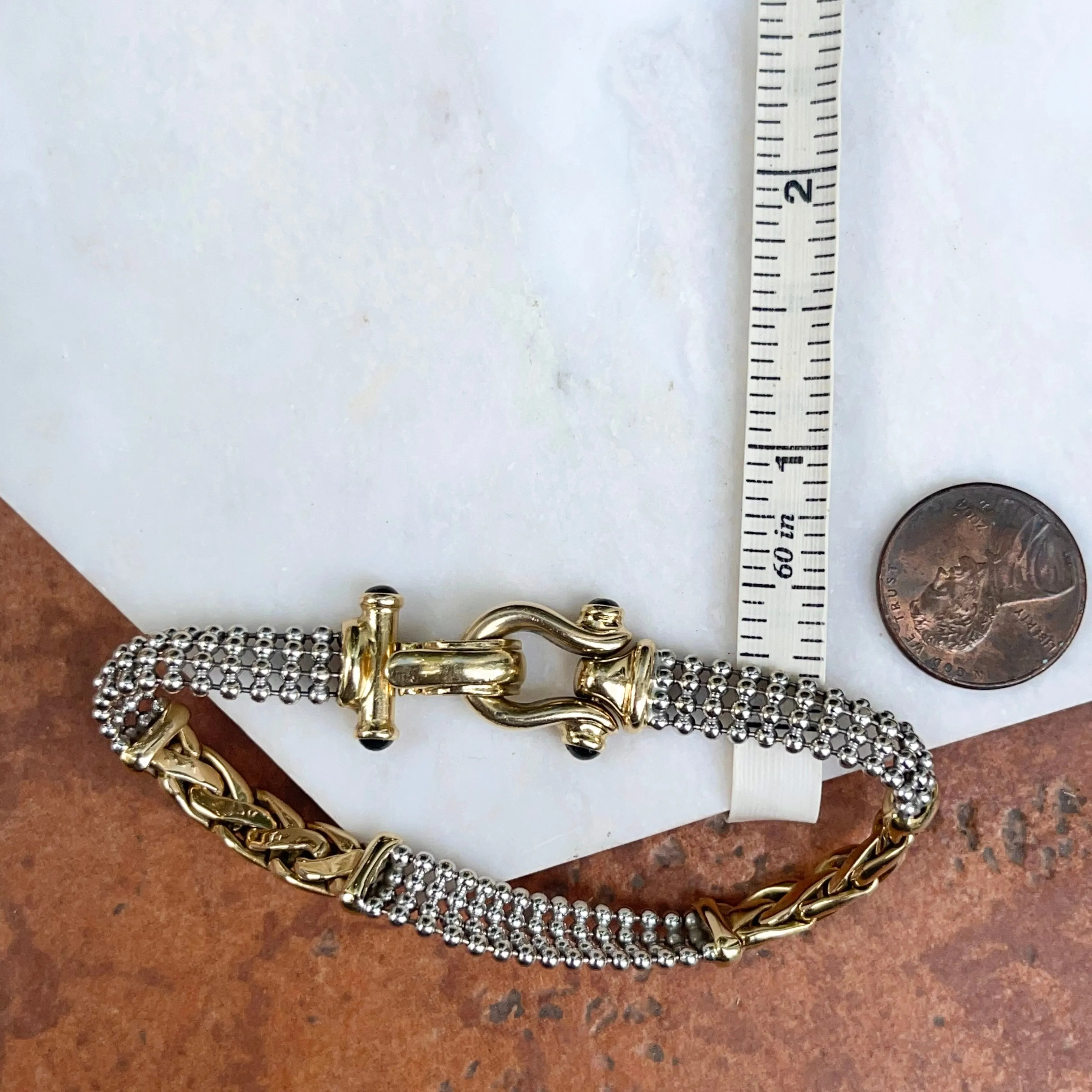 Estate 14KT White Gold   Yellow Gold Wheat   Beaded Chain Onyx Bracelet