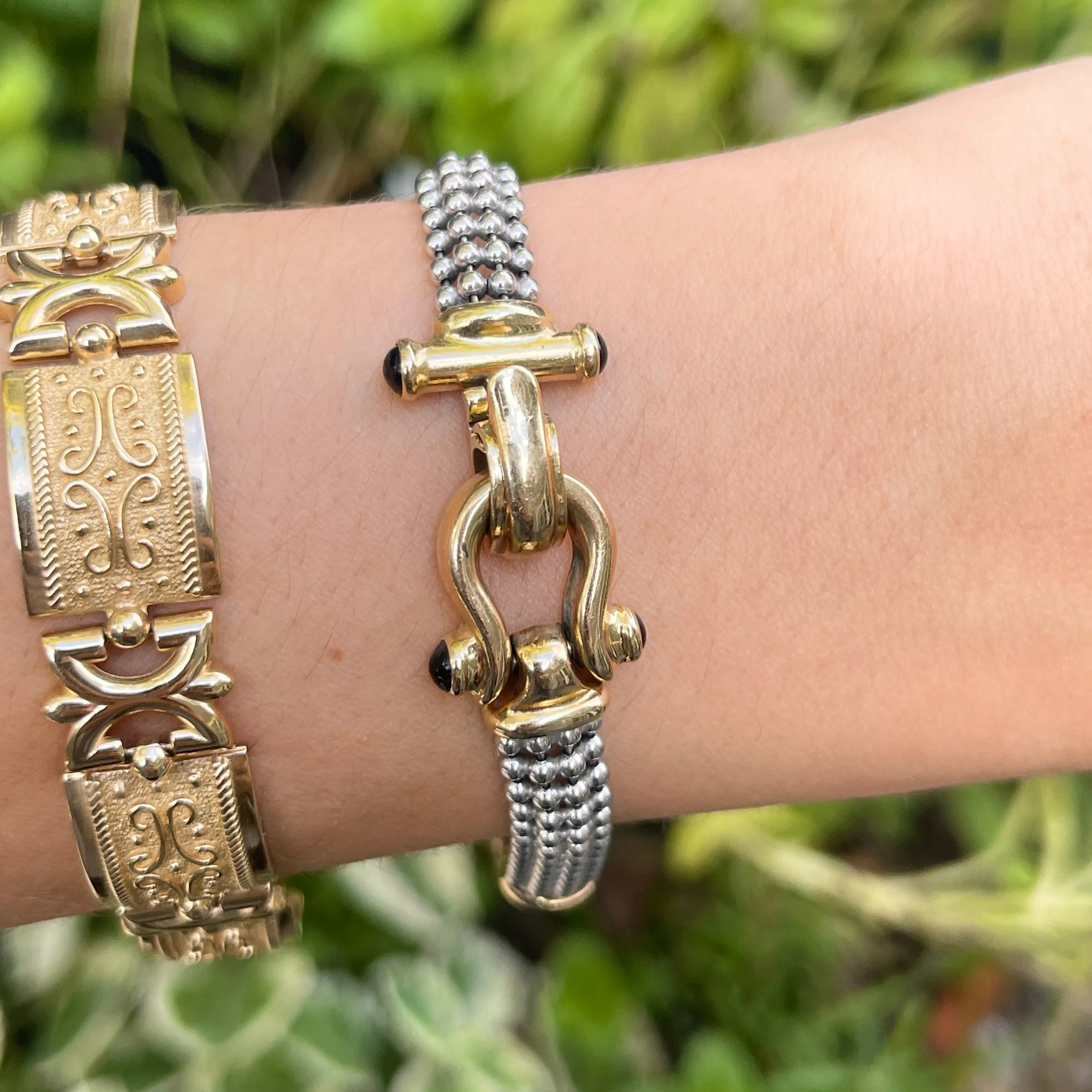 Estate 14KT White Gold   Yellow Gold Wheat   Beaded Chain Onyx Bracelet