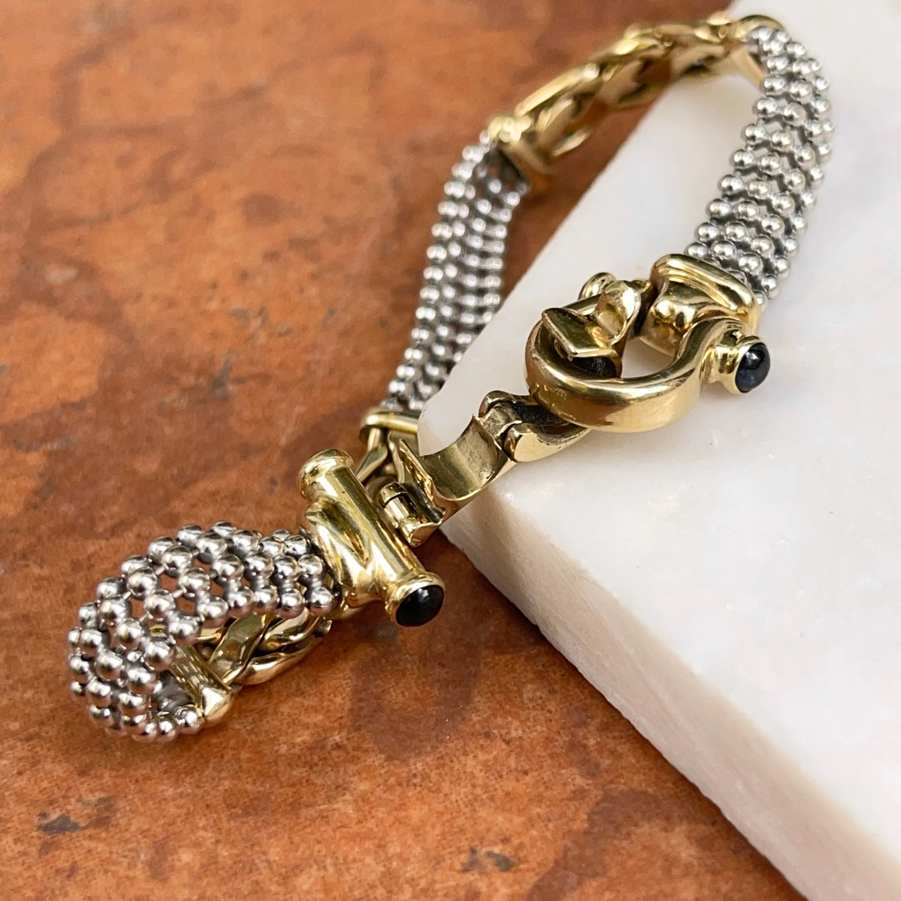 Estate 14KT White Gold   Yellow Gold Wheat   Beaded Chain Onyx Bracelet