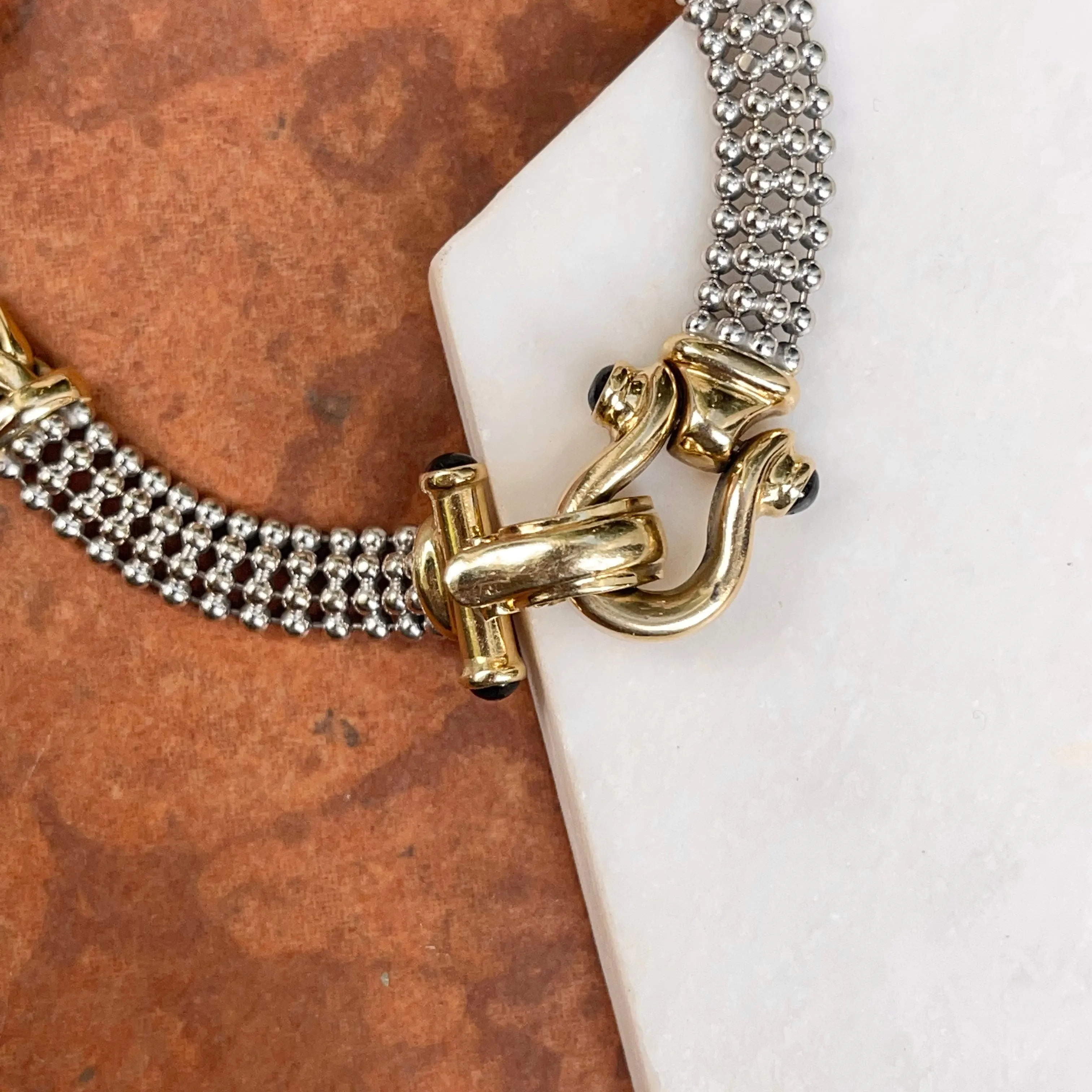 Estate 14KT White Gold   Yellow Gold Wheat   Beaded Chain Onyx Bracelet