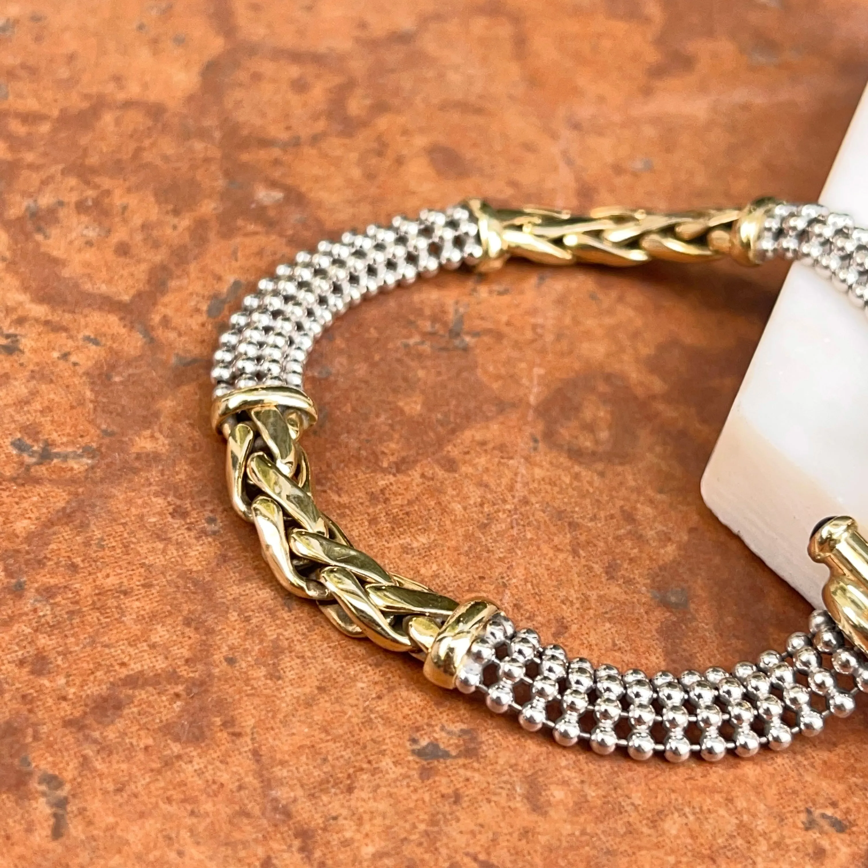 Estate 14KT White Gold   Yellow Gold Wheat   Beaded Chain Onyx Bracelet