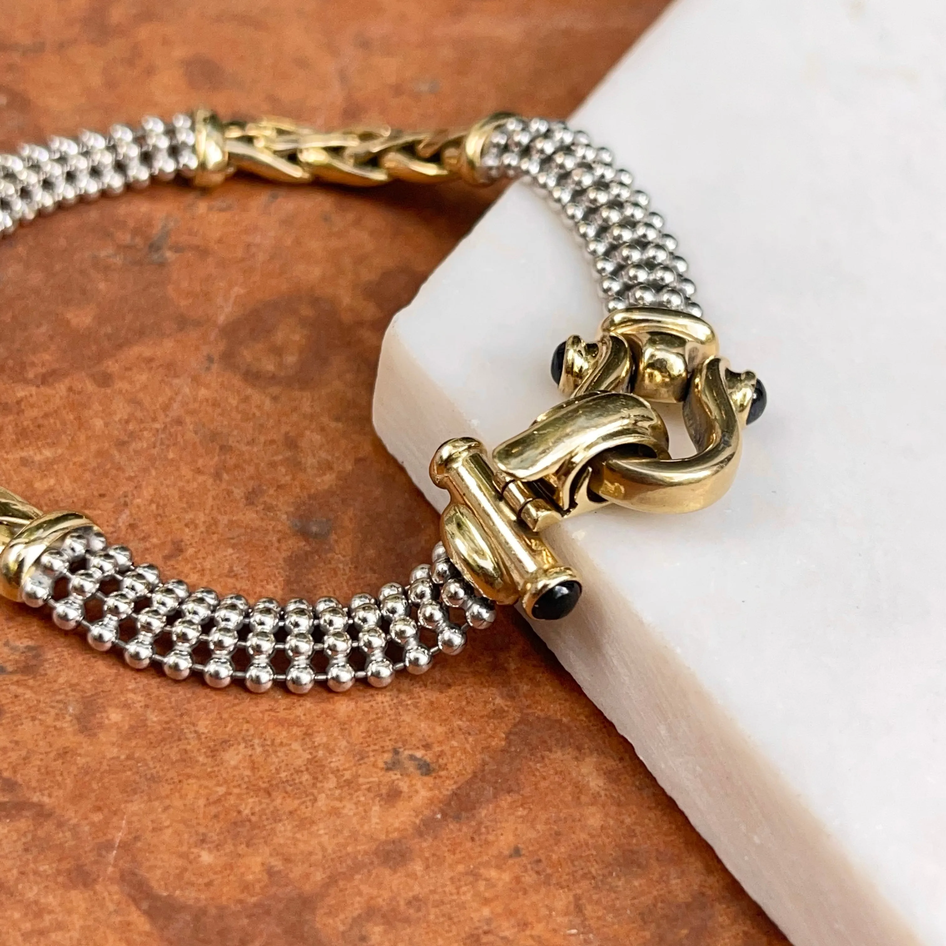 Estate 14KT White Gold   Yellow Gold Wheat   Beaded Chain Onyx Bracelet