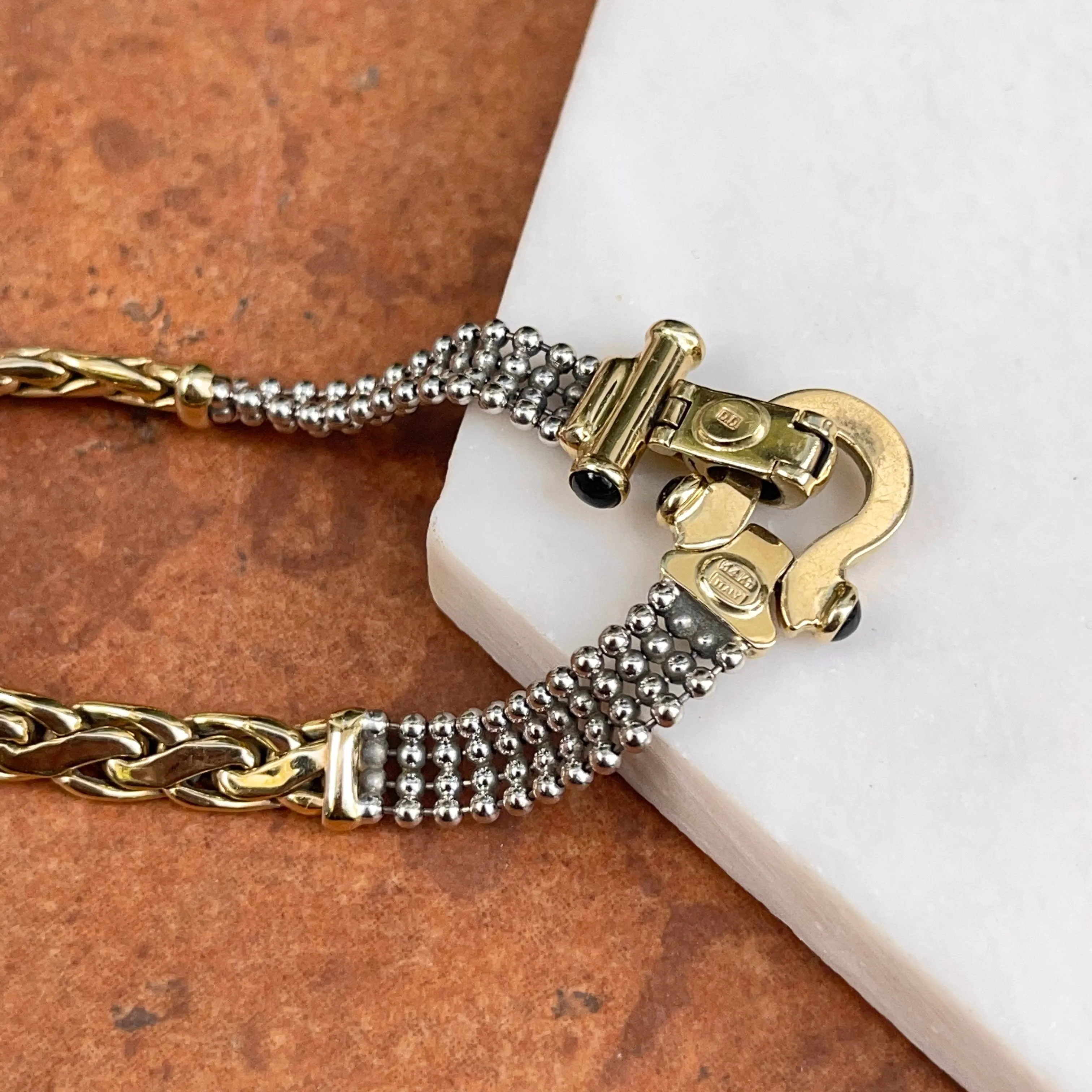 Estate 14KT White Gold   Yellow Gold Wheat   Beaded Chain Onyx Bracelet