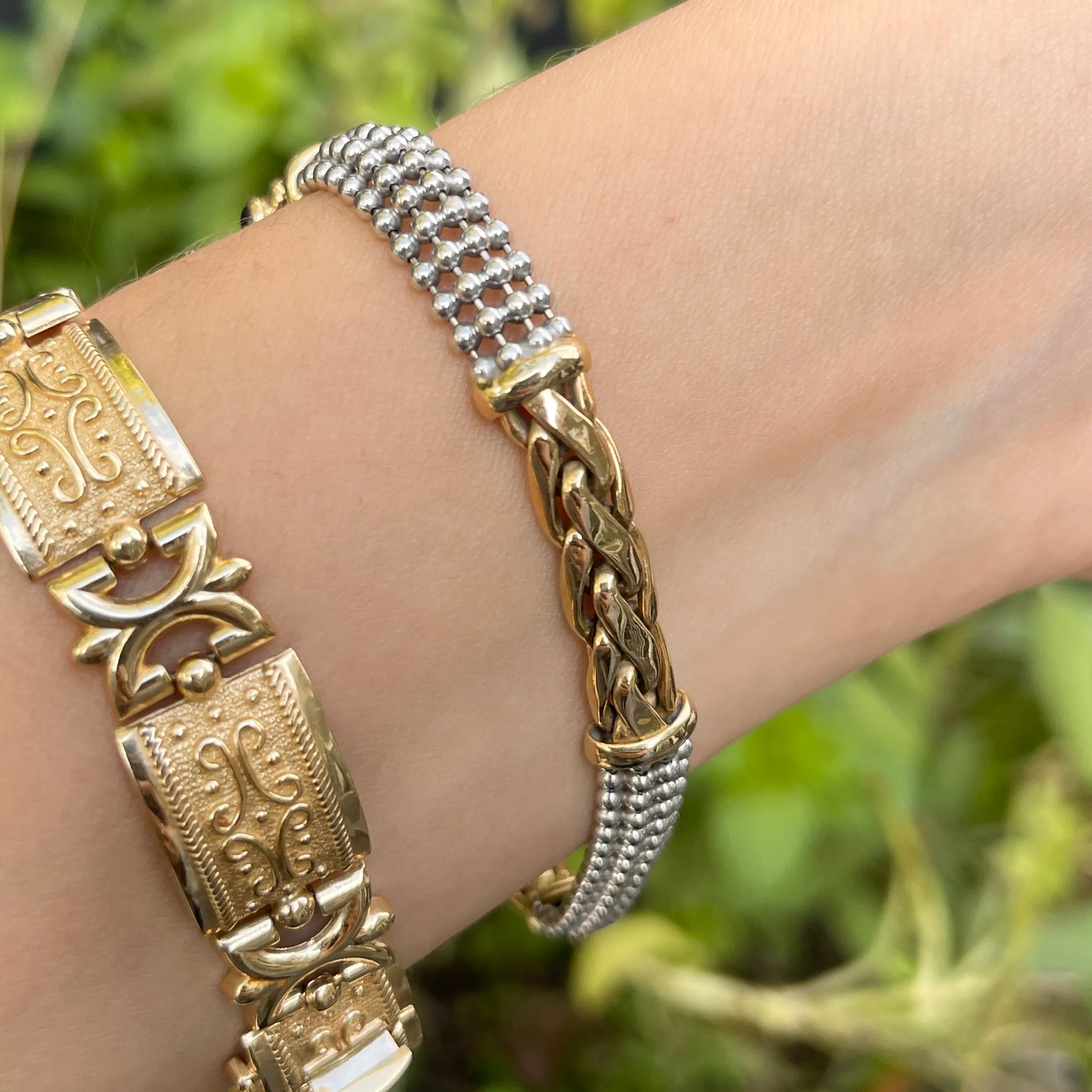 Estate 14KT White Gold   Yellow Gold Wheat   Beaded Chain Onyx Bracelet