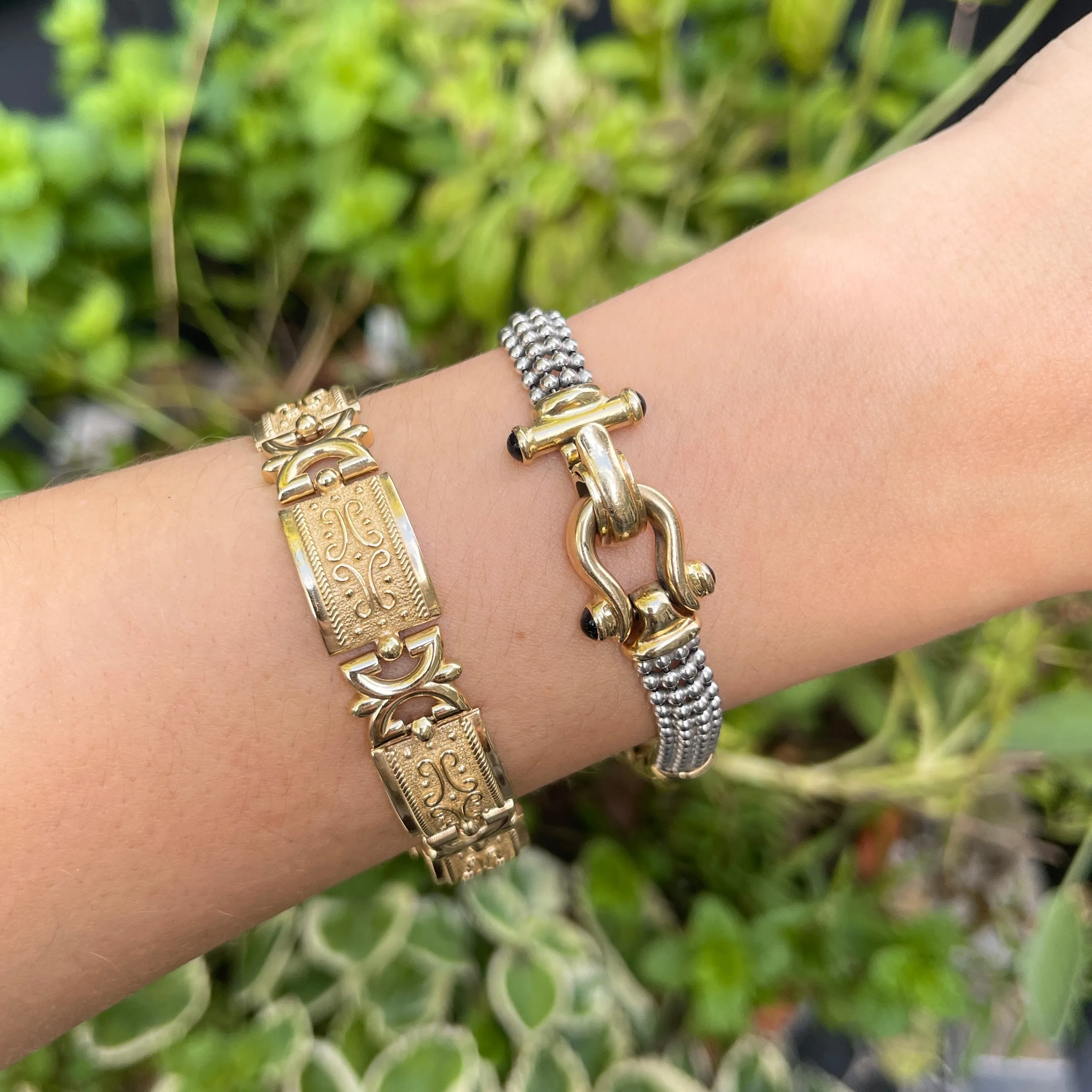 Estate 14KT White Gold   Yellow Gold Wheat   Beaded Chain Onyx Bracelet