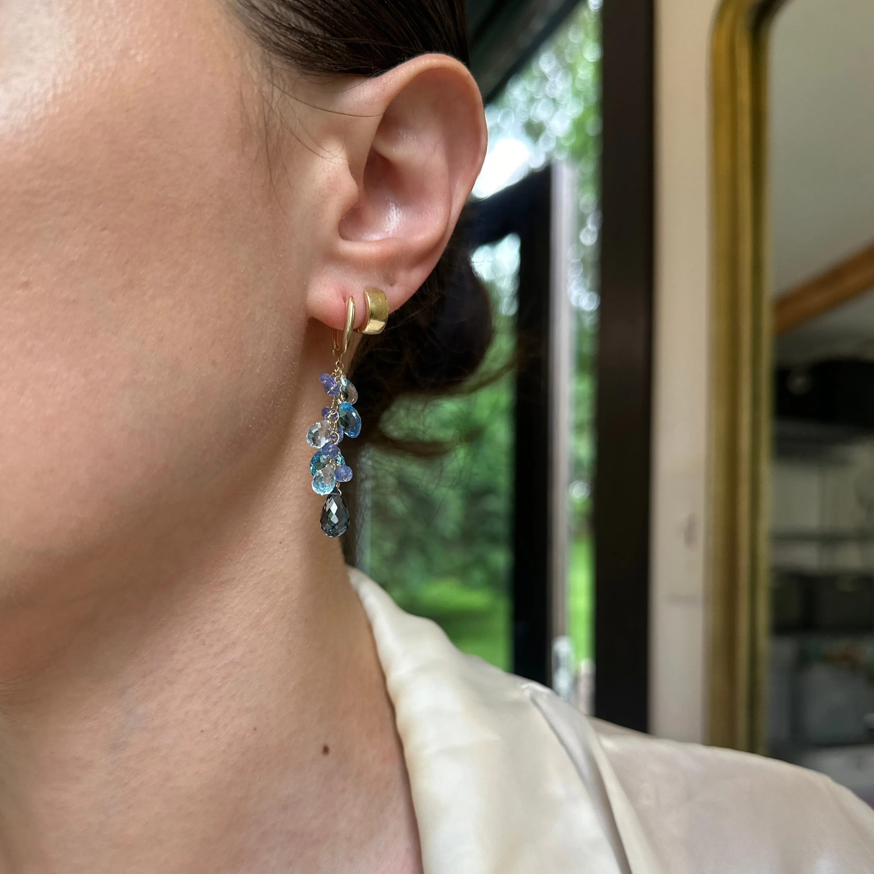 Estate 14KT Yellow Gold  Briolette Blue Topaz Hoop Earrings