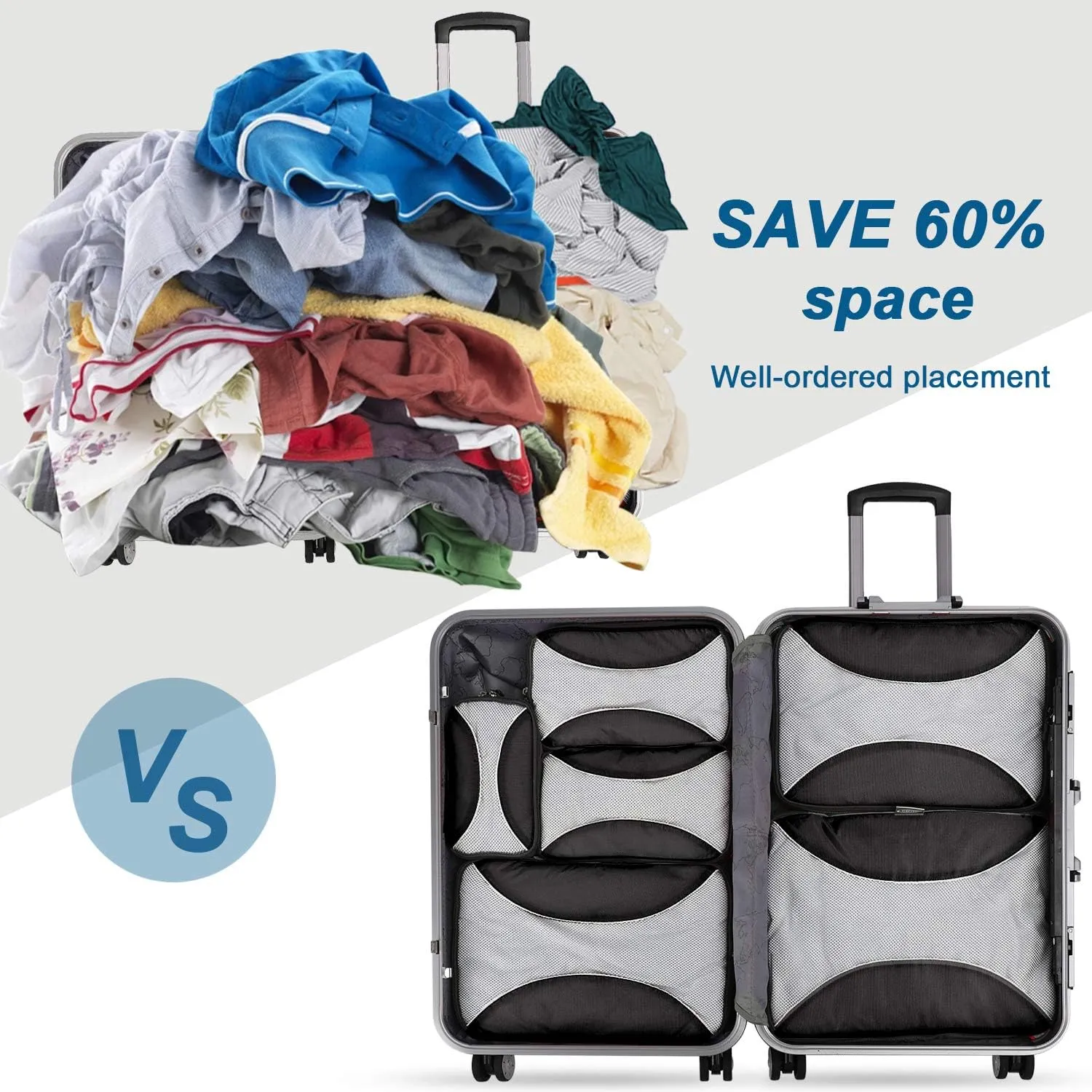 G4Free 3pcs/6pcs/7pcs Packing Cubes Suitcase Organiser Packing Bags Luggage Organiser Value Set for Travel Home Storage, Black, (1S 2M 2L 1XL)-6PC, Suitcase