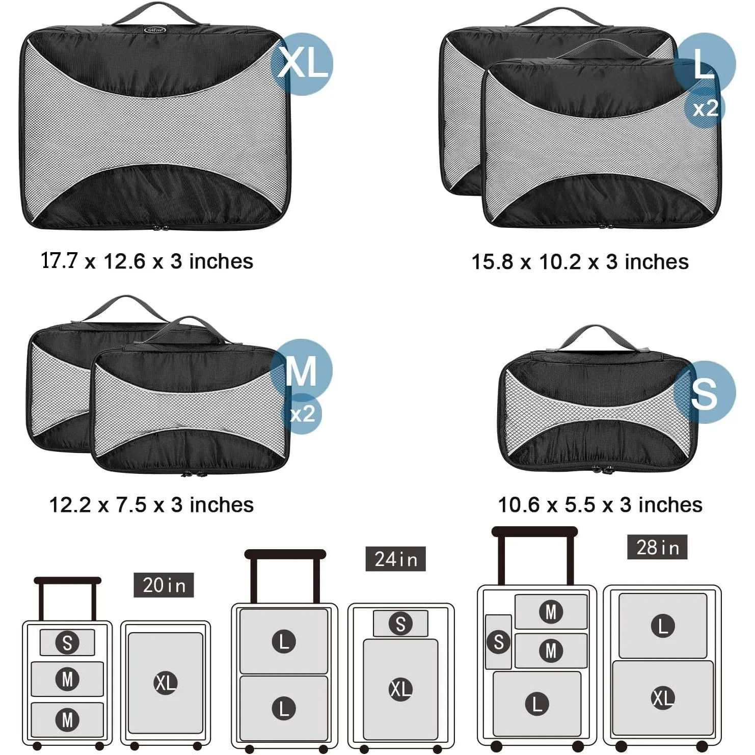 G4Free 3pcs/6pcs/7pcs Packing Cubes Suitcase Organiser Packing Bags Luggage Organiser Value Set for Travel Home Storage, Black, (1S 2M 2L 1XL)-6PC, Suitcase
