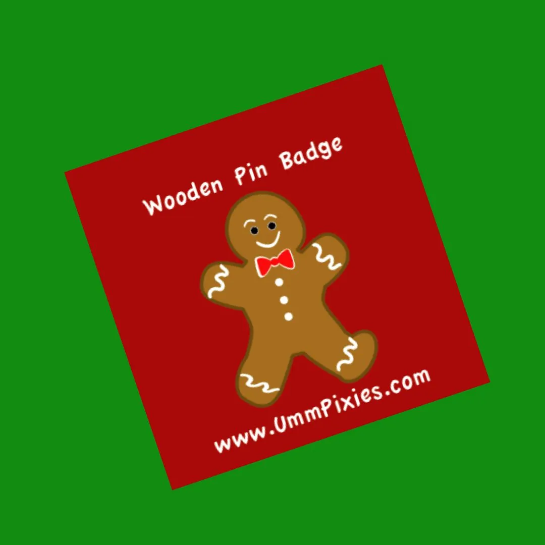 Gingerbread Folk Bowtie wearing Wooden Pin Badge