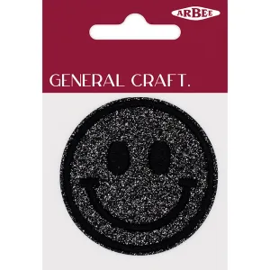 GLITTER PATCH SMILEY FACE BLACK 60MM 1PC