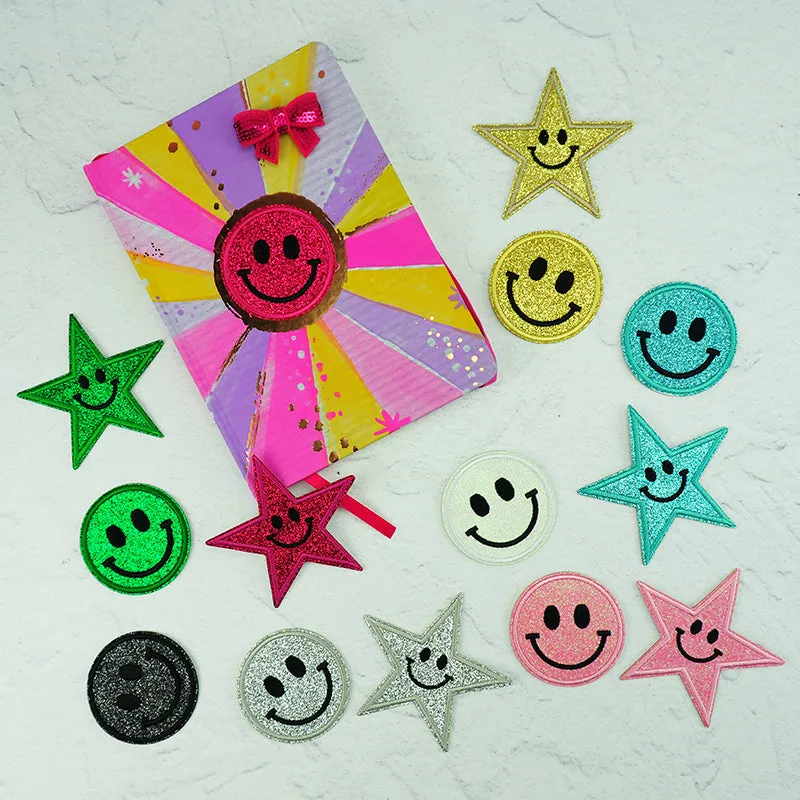 GLITTER PATCH SMILEY STAR AQUA 85MM 1PC