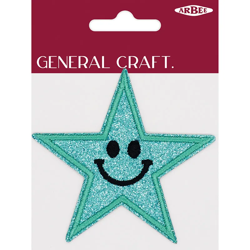 GLITTER PATCH SMILEY STAR AQUA 85MM 1PC