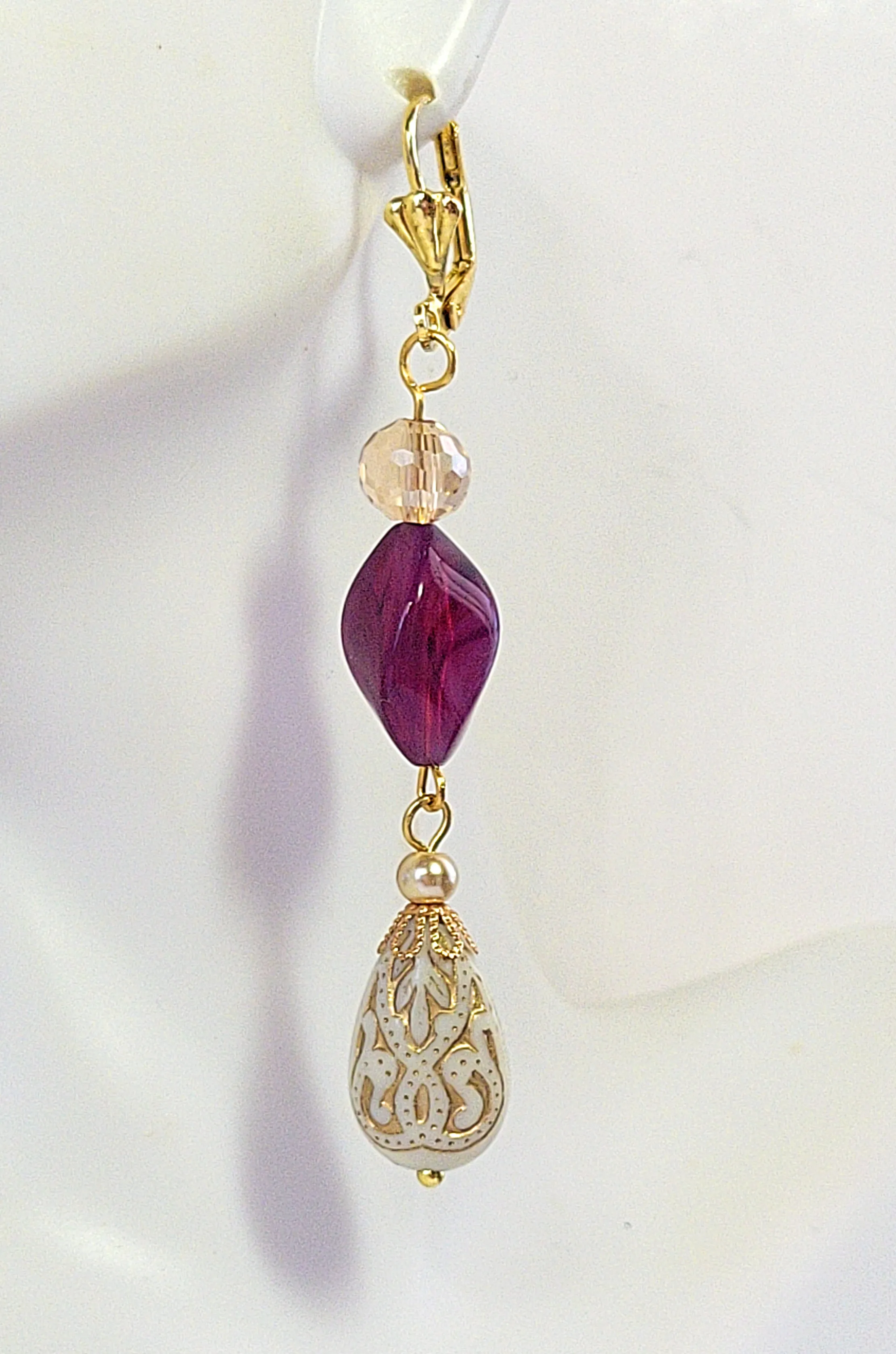 Gold Embossed Teardrop and Crystal Long Boho Dangle Earrings - Ivory and Violet Purple