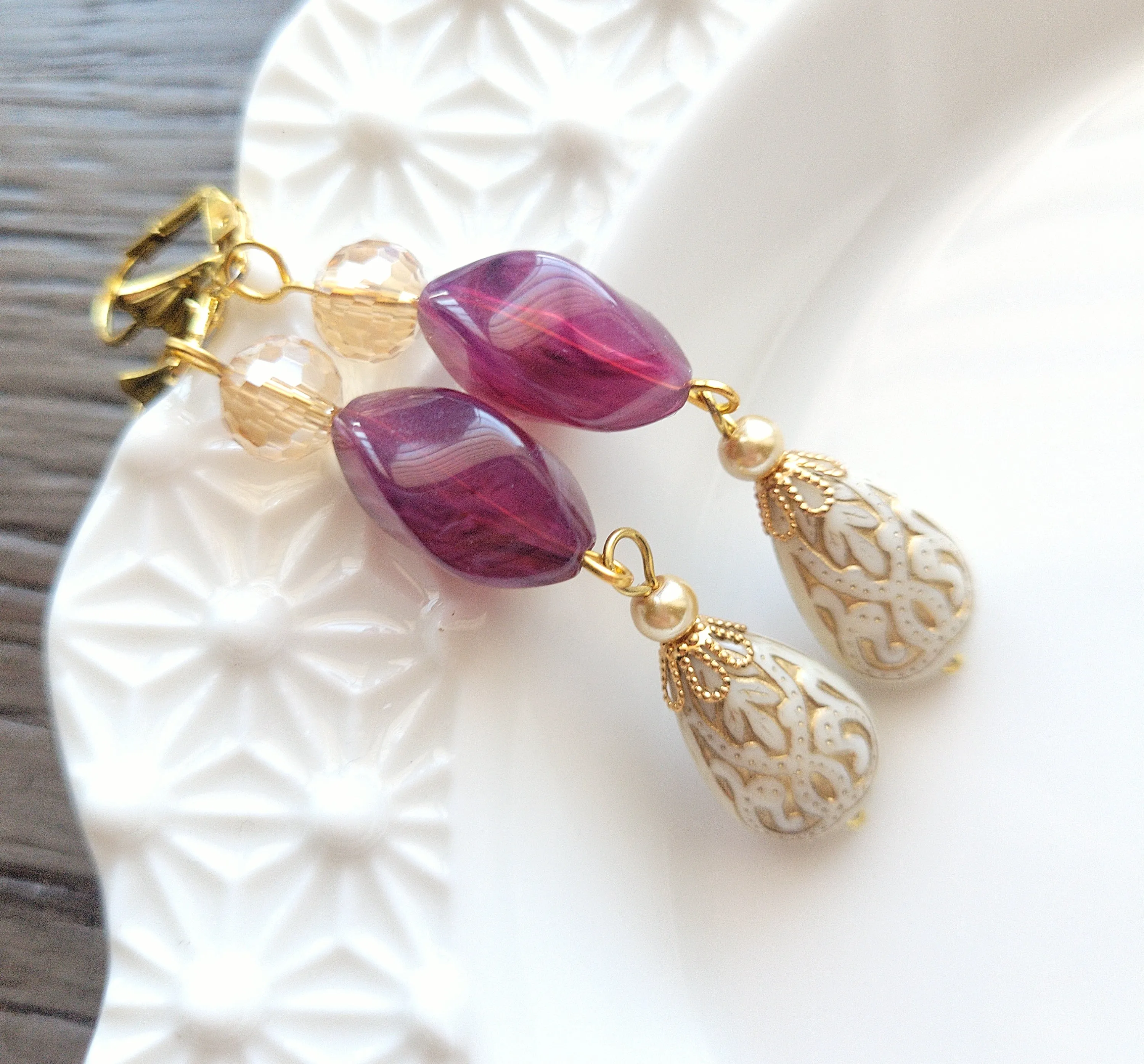 Gold Embossed Teardrop and Crystal Long Boho Dangle Earrings - Ivory and Violet Purple