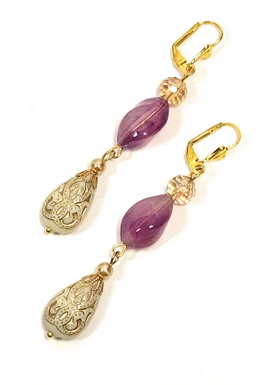 Gold Embossed Teardrop and Crystal Long Boho Dangle Earrings - Ivory and Violet Purple