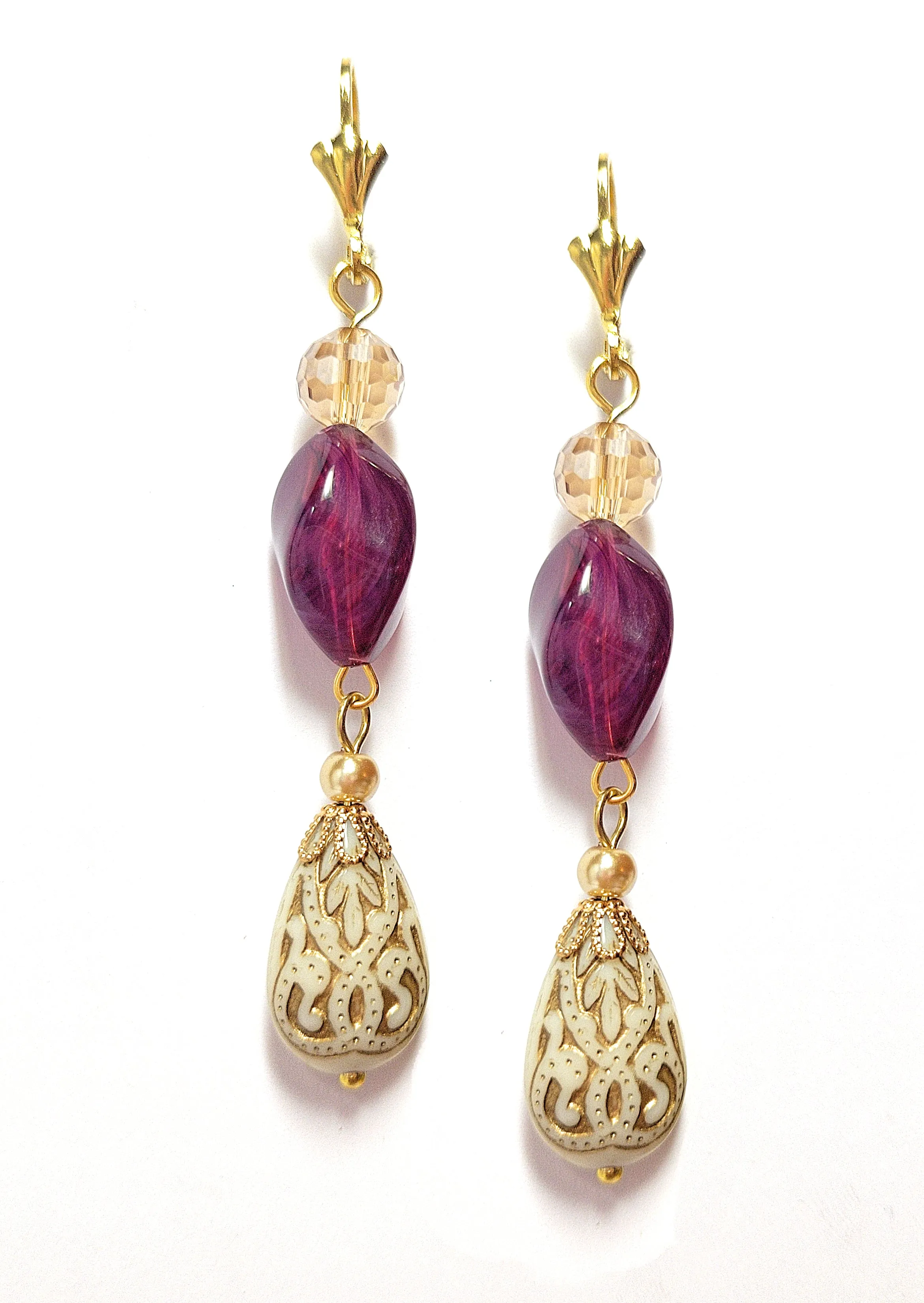 Gold Embossed Teardrop and Crystal Long Boho Dangle Earrings - Ivory and Violet Purple