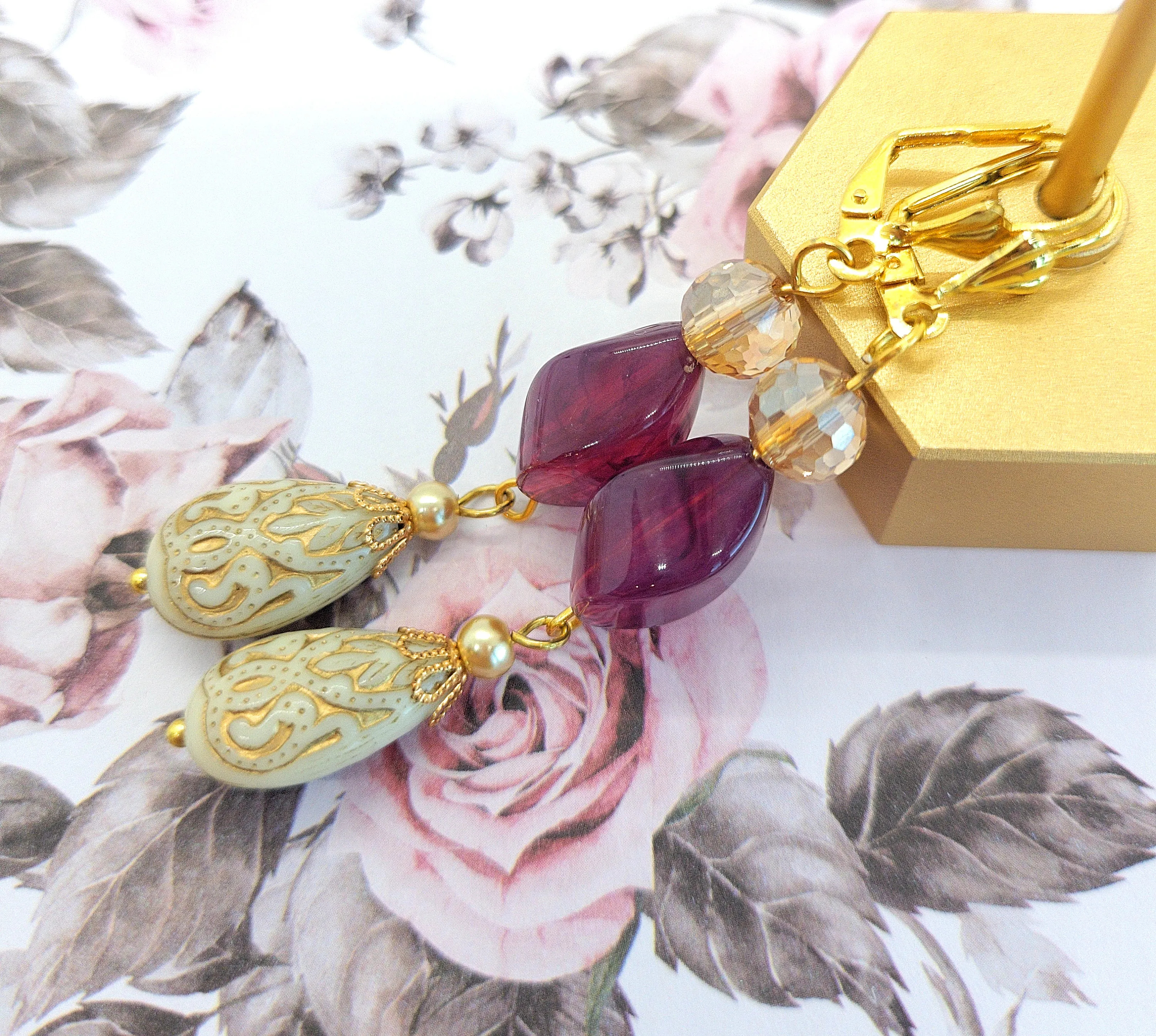 Gold Embossed Teardrop and Crystal Long Boho Dangle Earrings - Ivory and Violet Purple