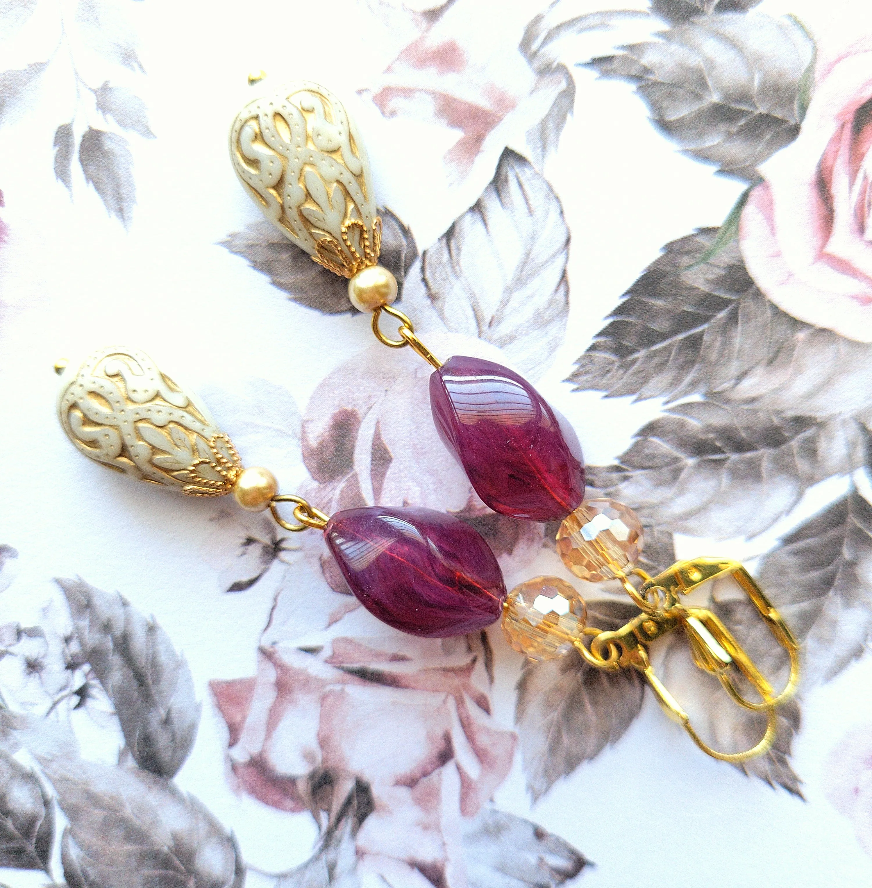 Gold Embossed Teardrop and Crystal Long Boho Dangle Earrings - Ivory and Violet Purple