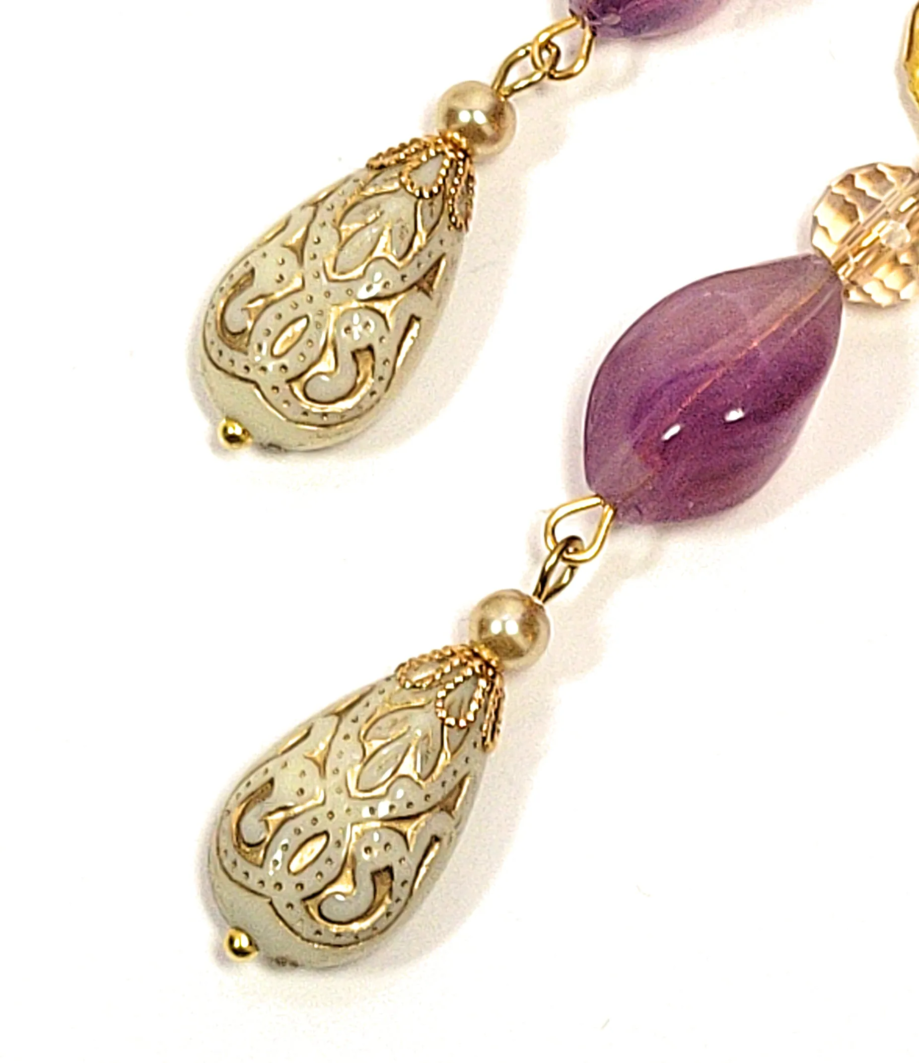 Gold Embossed Teardrop and Crystal Long Boho Dangle Earrings - Ivory and Violet Purple